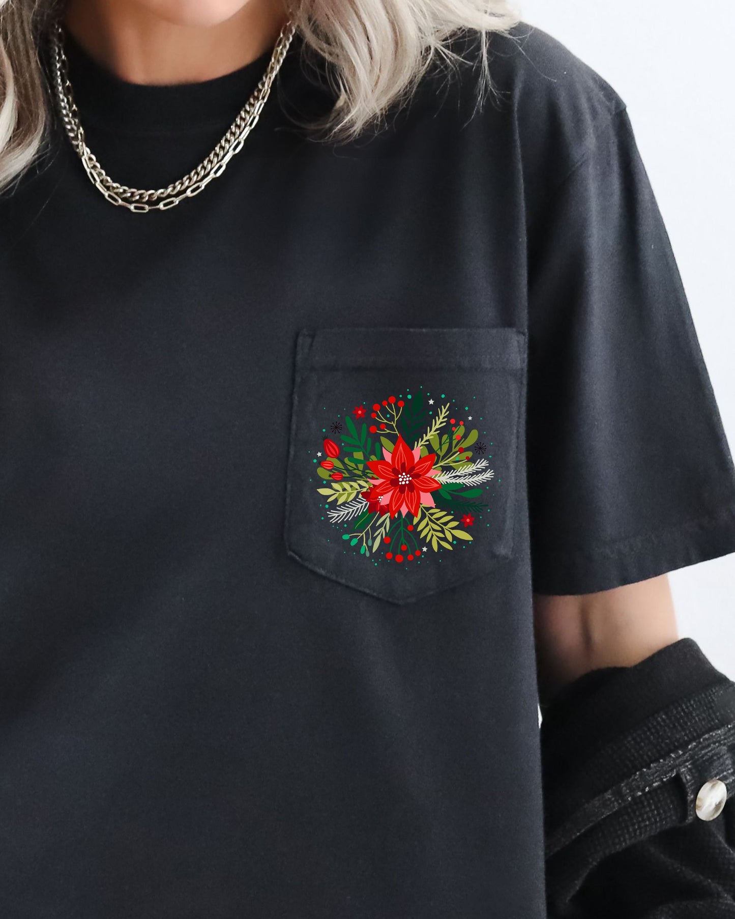 Christmas Flowers, Pocket, Floral, Circle, Poinsettia, Winter, Snow, Botanical, Xmas Pocket Tee Comfort Colors T-Shirt