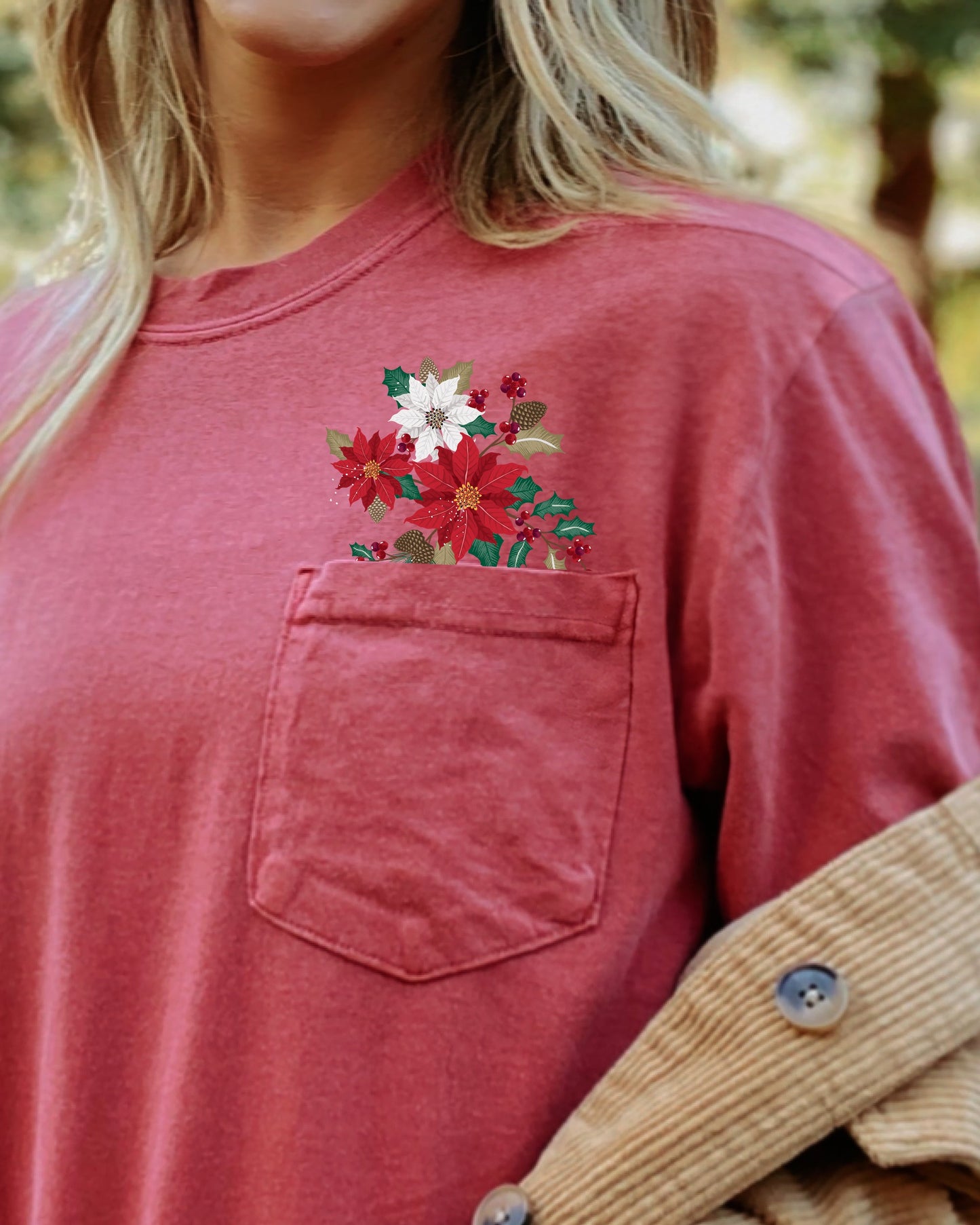 Christmas Flowers, Pocket, Floral, Holly, Poinsettia, Winter, Snow, Botanical, Xmas Pocket Tee Comfort Colors T-Shirt
