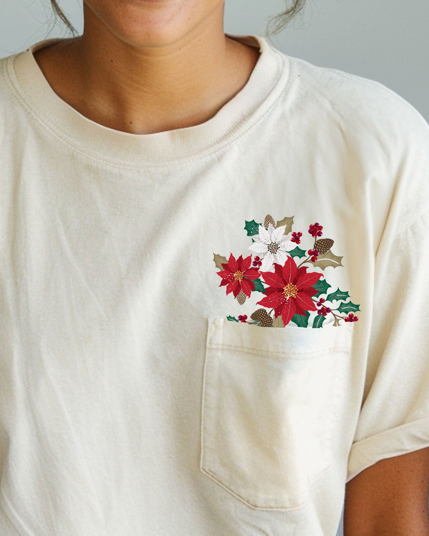 Christmas Flowers, Pocket, Floral, Holly, Poinsettia, Winter, Snow, Botanical, Xmas Pocket Tee Comfort Colors T-Shirt