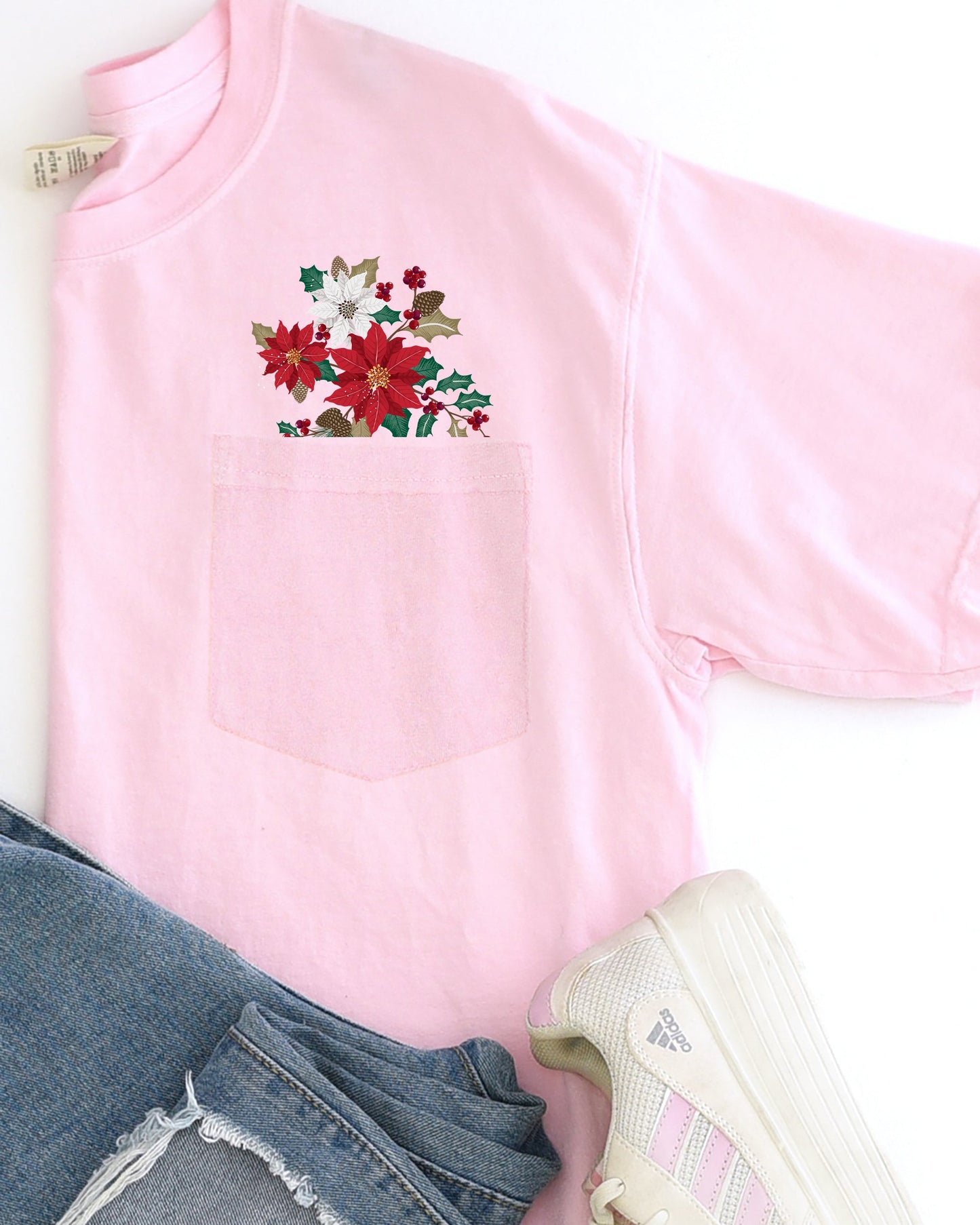 Christmas Flowers, Pocket, Floral, Holly, Poinsettia, Winter, Snow, Botanical, Xmas Pocket Tee Comfort Colors T-Shirt