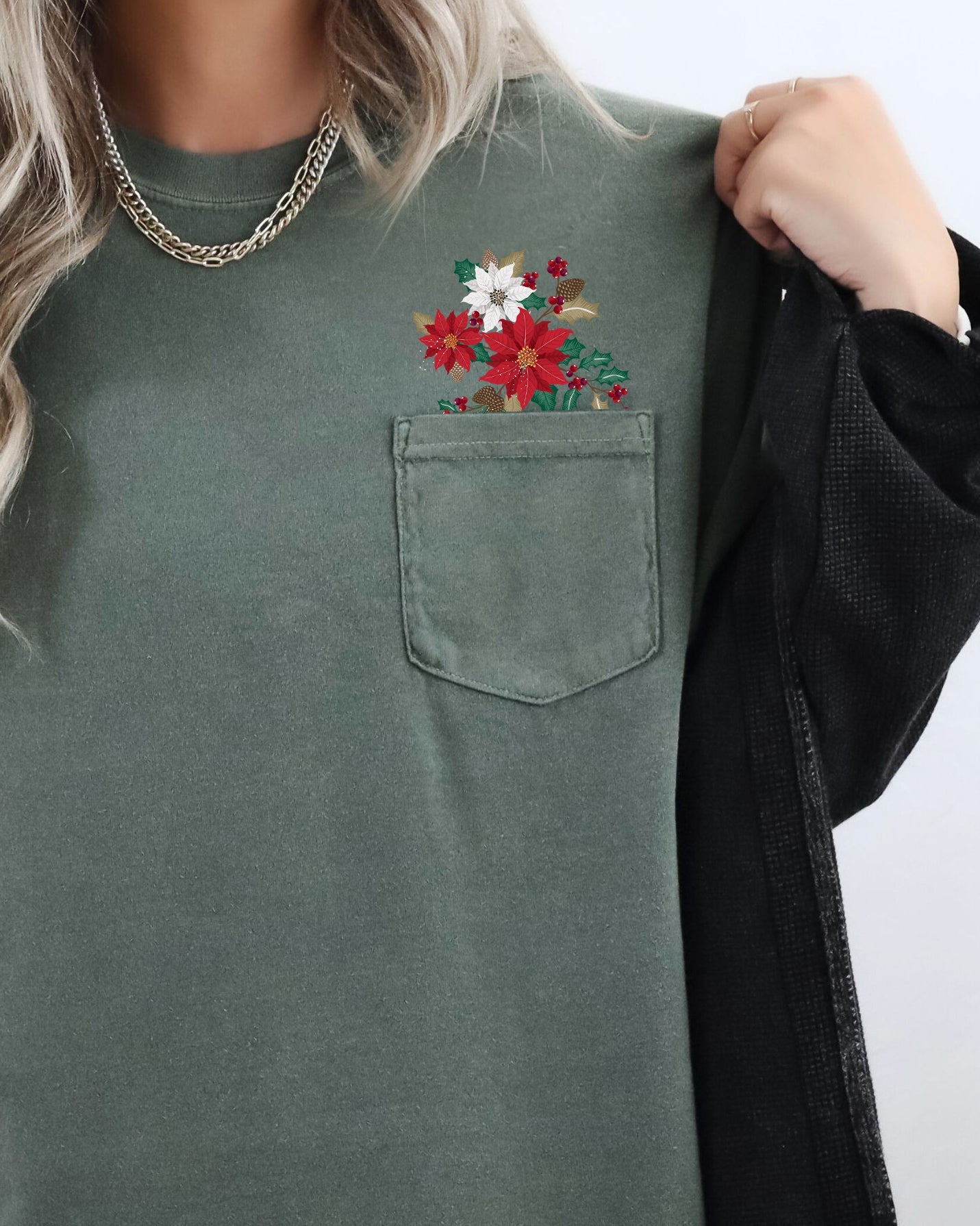 Christmas Flowers, Pocket, Floral, Holly, Poinsettia, Winter, Snow, Botanical, Xmas Pocket Tee Comfort Colors T-Shirt