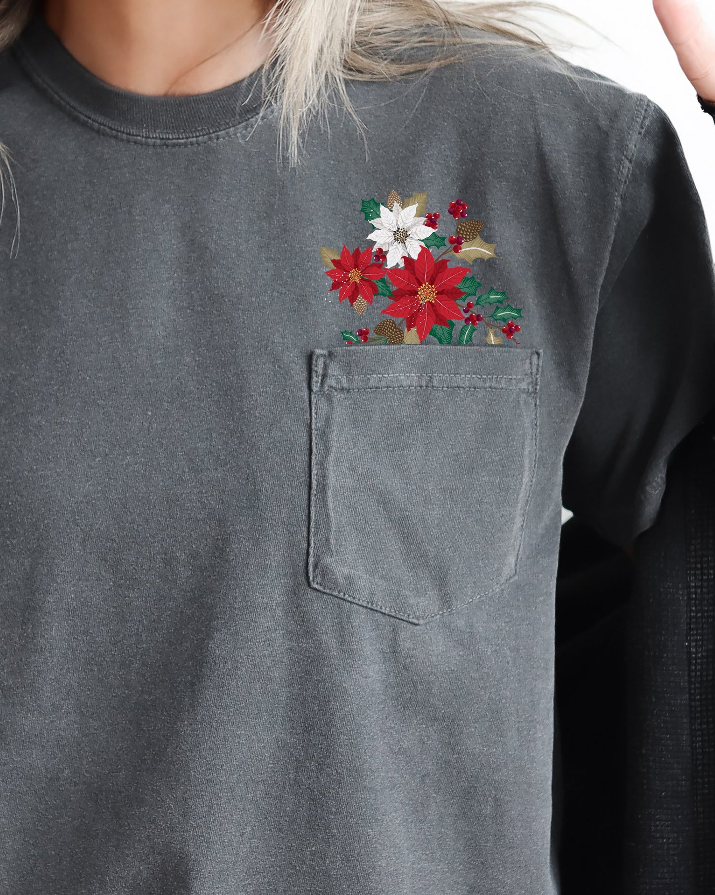 Christmas Flowers, Pocket, Floral, Holly, Poinsettia, Winter, Snow, Botanical, Xmas Pocket Tee Comfort Colors T-Shirt