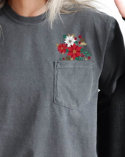 Christmas Flowers, Pocket, Floral, Holly, Poinsettia, Winter, Snow, Botanical, Xmas Pocket Tee Comfort Colors T-Shirt