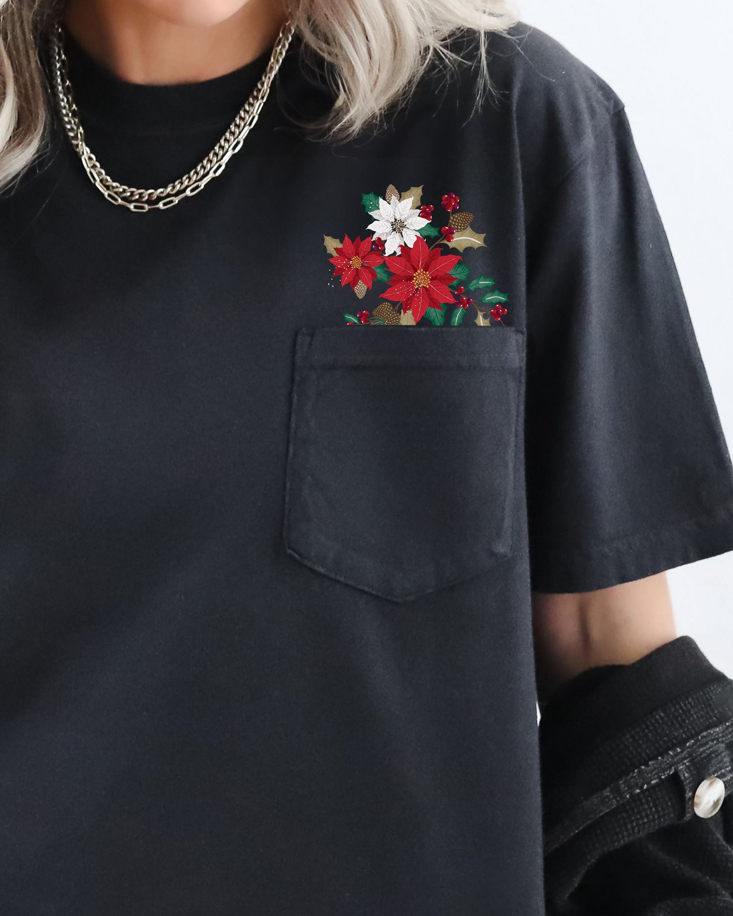 Christmas Flowers, Pocket, Floral, Holly, Poinsettia, Winter, Snow, Botanical, Xmas Pocket Tee Comfort Colors T-Shirt