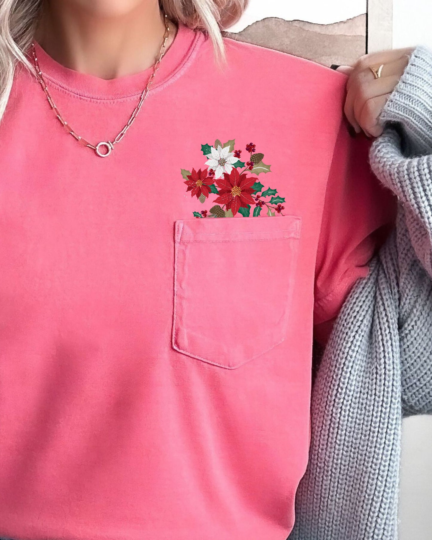 Christmas Flowers, Pocket, Floral, Holly, Poinsettia, Winter, Snow, Botanical, Xmas Pocket Tee Comfort Colors T-Shirt