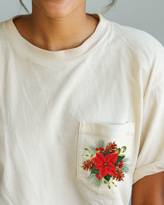 Christmas Flowers, Pocket, Floral, Mistle Toe, Poinsettia, Winter, Snow, Botanical, Xmas Pocket Tee Comfort Colors T-Shirt