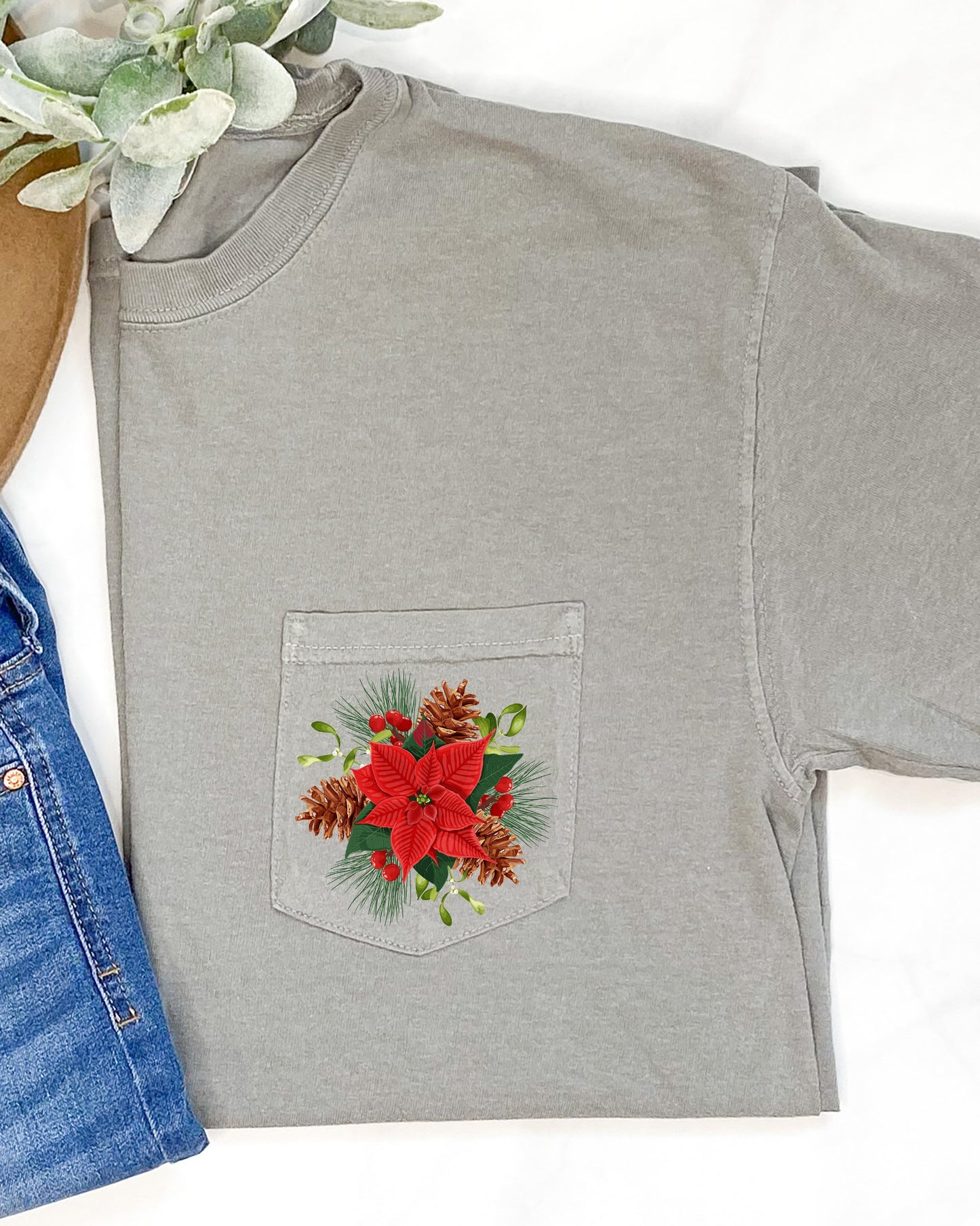 Christmas Flowers, Pocket, Floral, Mistle Toe, Poinsettia, Winter, Snow, Botanical, Xmas Pocket Tee Comfort Colors T-Shirt