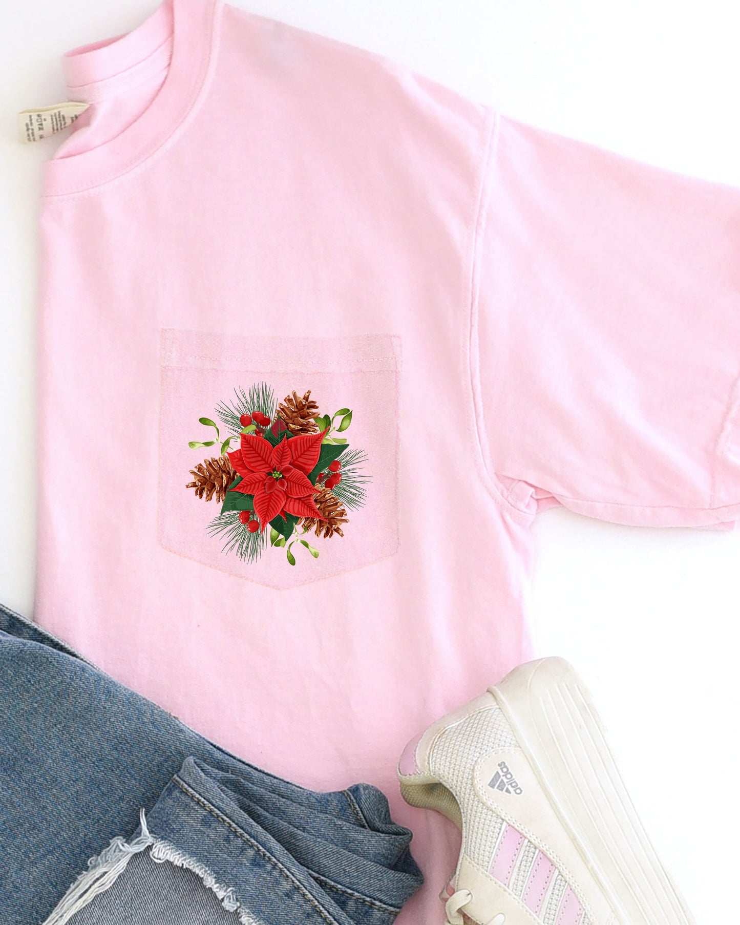 Christmas Flowers, Pocket, Floral, Mistle Toe, Poinsettia, Winter, Snow, Botanical, Xmas Pocket Tee Comfort Colors T-Shirt