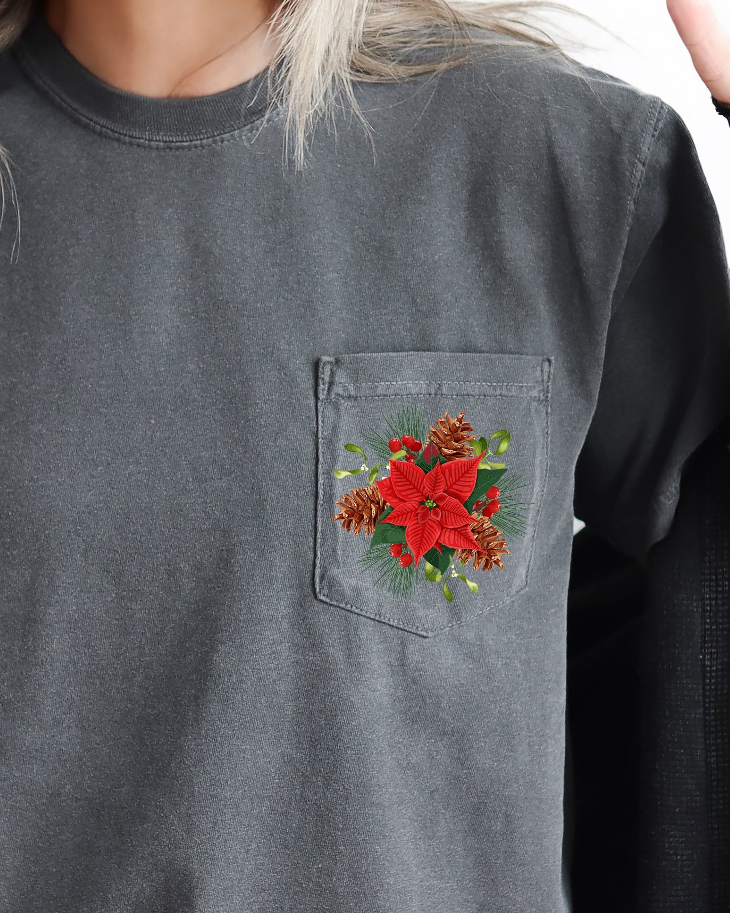 Christmas Flowers, Pocket, Floral, Mistle Toe, Poinsettia, Winter, Snow, Botanical, Xmas Pocket Tee Comfort Colors T-Shirt