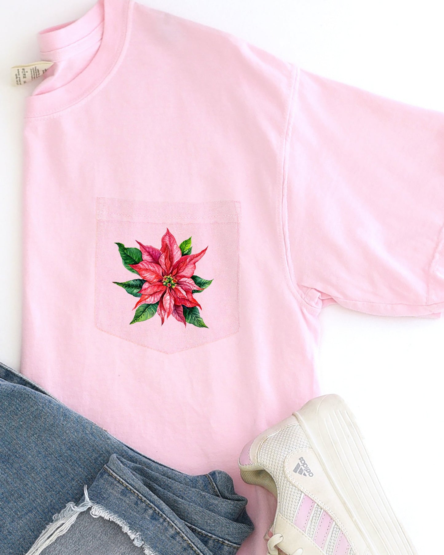 Christmas Flowers, Pocket, Floral, Poinsettia, Winter, Snow, Botanical, Xmas Pocket Tee Comfort Colors T-Shirt