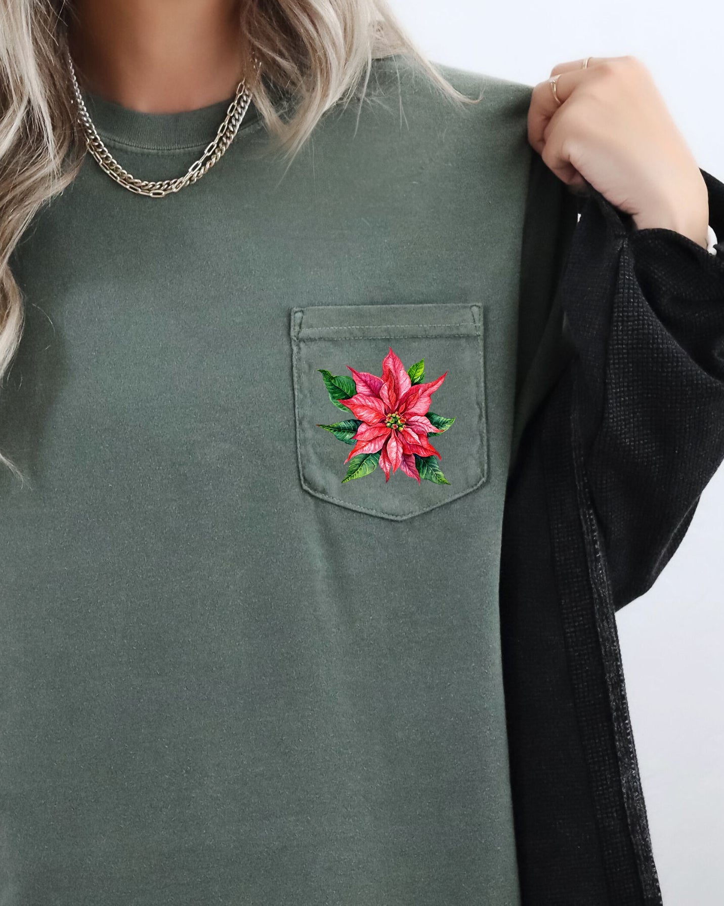 Christmas Flowers, Pocket, Floral, Poinsettia, Winter, Snow, Botanical, Xmas Pocket Tee Comfort Colors T-Shirt