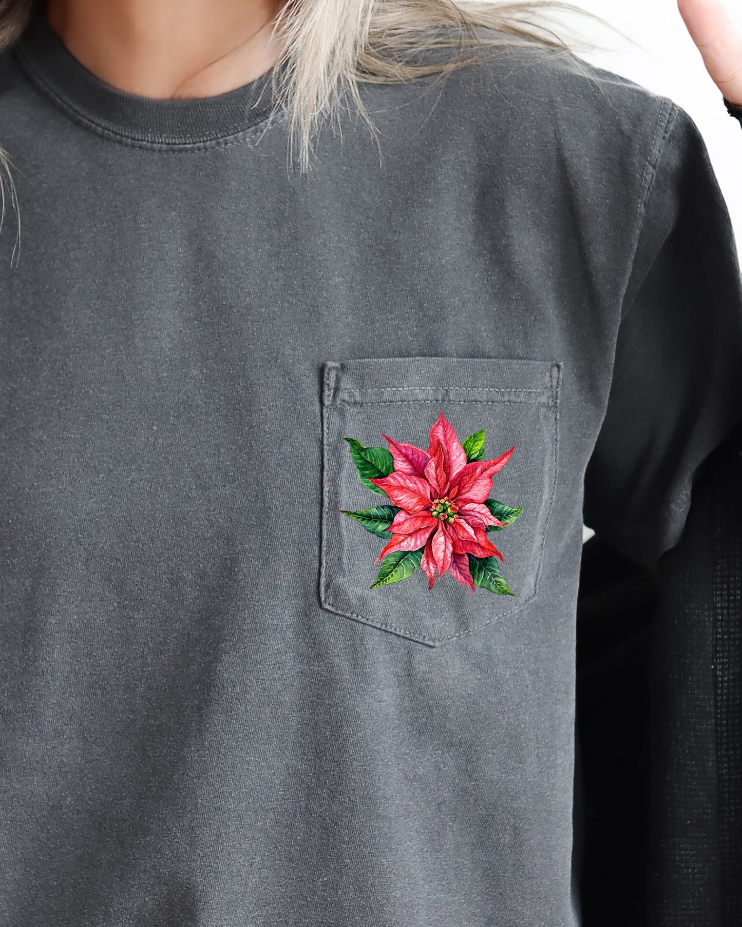 Christmas Flowers, Pocket, Floral, Poinsettia, Winter, Snow, Botanical, Xmas Pocket Tee Comfort Colors T-Shirt