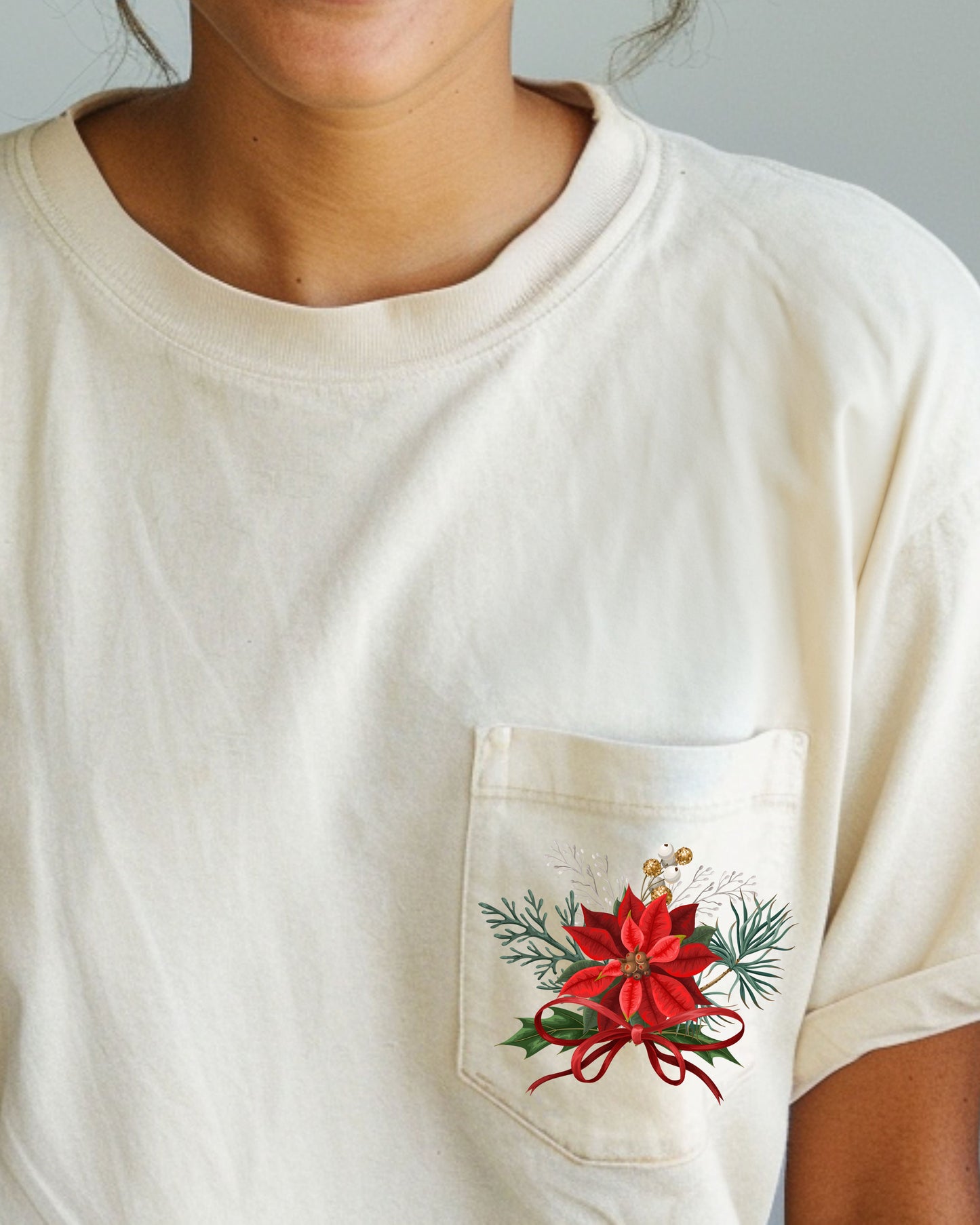 Christmas Flowers, Pocket, Ribbon, Floral, Poinsettia, Winter, Snow, Botanical, Xmas Pocket Tee Comfort Colors T-Shirt