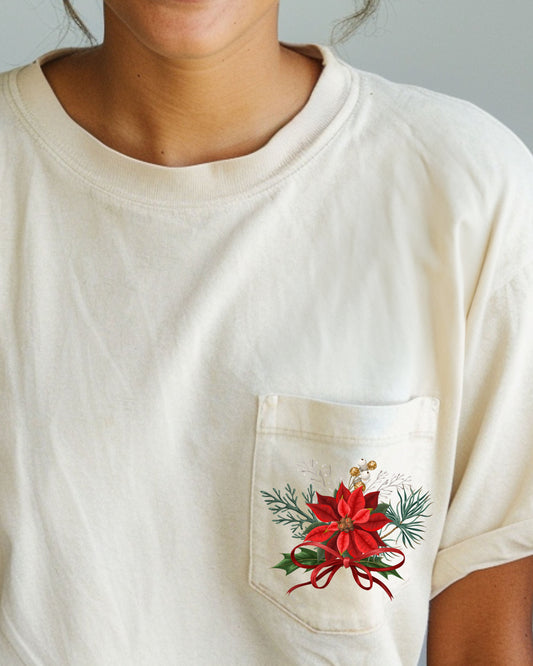 Christmas Flowers, Pocket, Ribbon, Floral, Poinsettia, Winter, Snow, Botanical, Xmas Pocket Tee Comfort Colors T-Shirt