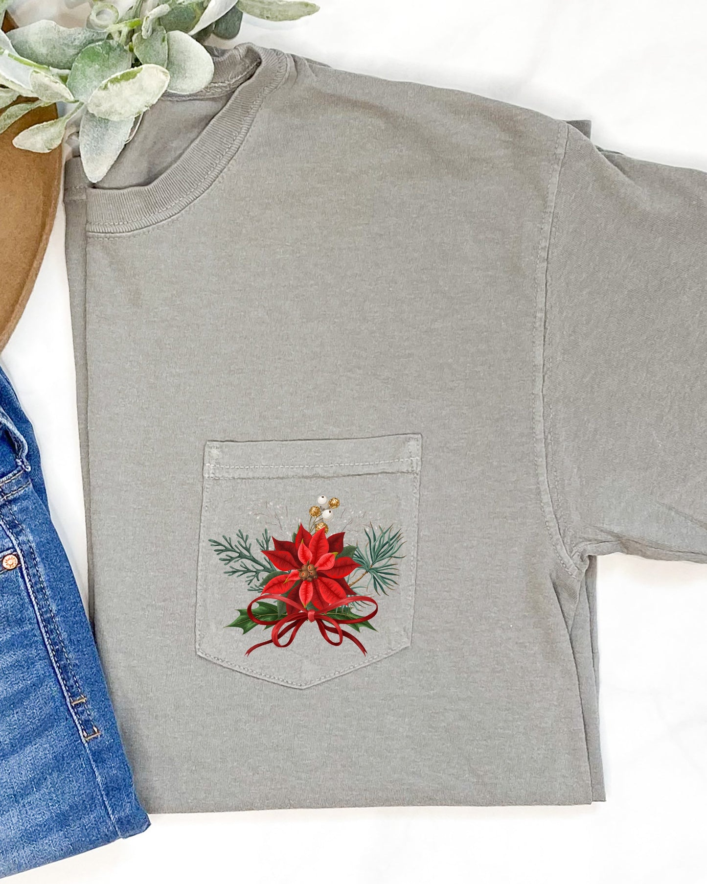 Christmas Flowers, Pocket, Ribbon, Floral, Poinsettia, Winter, Snow, Botanical, Xmas Pocket Tee Comfort Colors T-Shirt
