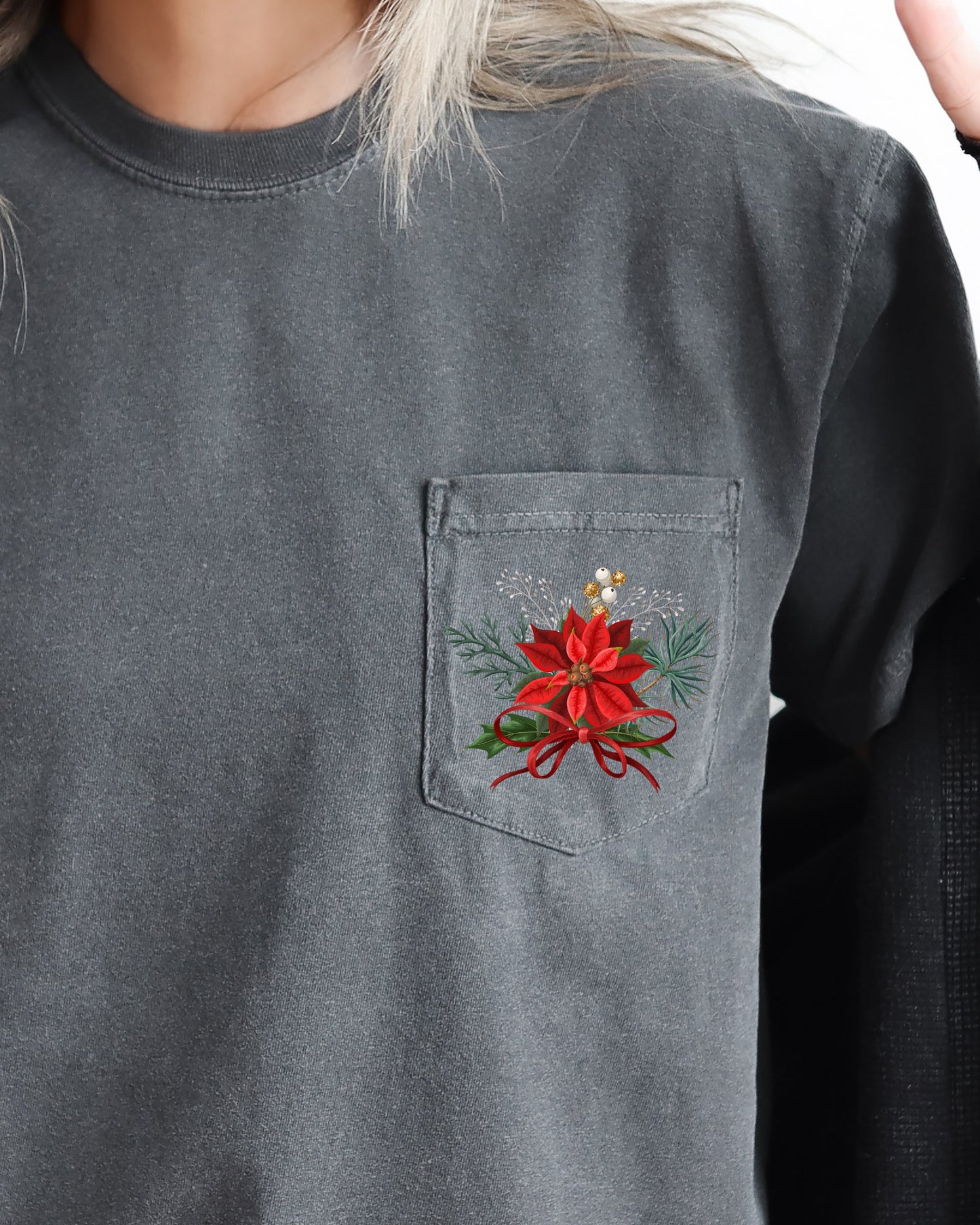Christmas Flowers, Pocket, Ribbon, Floral, Poinsettia, Winter, Snow, Botanical, Xmas Pocket Tee Comfort Colors T-Shirt