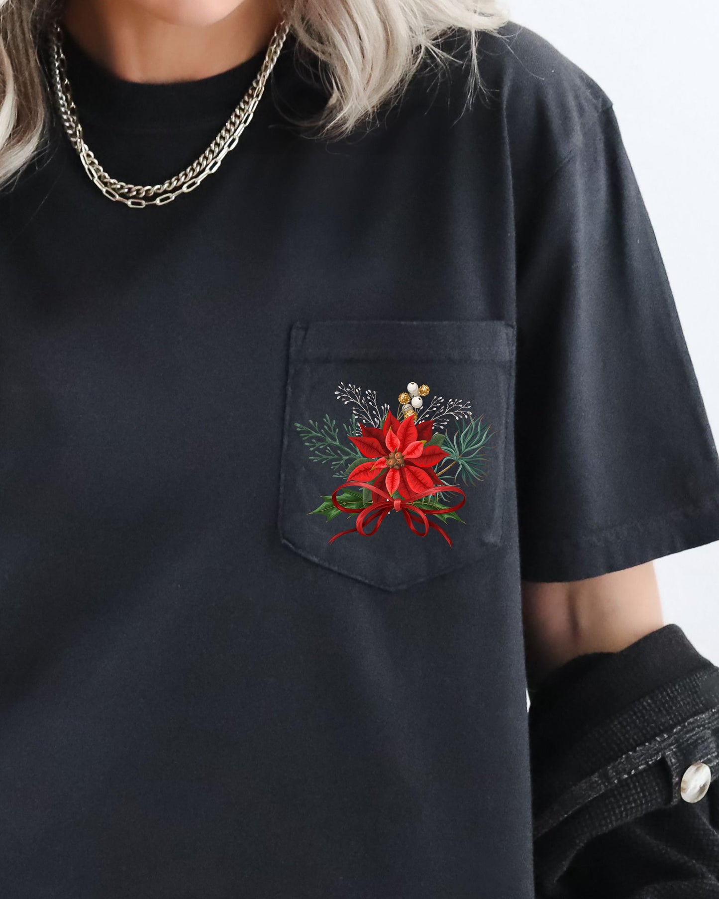 Christmas Flowers, Pocket, Ribbon, Floral, Poinsettia, Winter, Snow, Botanical, Xmas Pocket Tee Comfort Colors T-Shirt