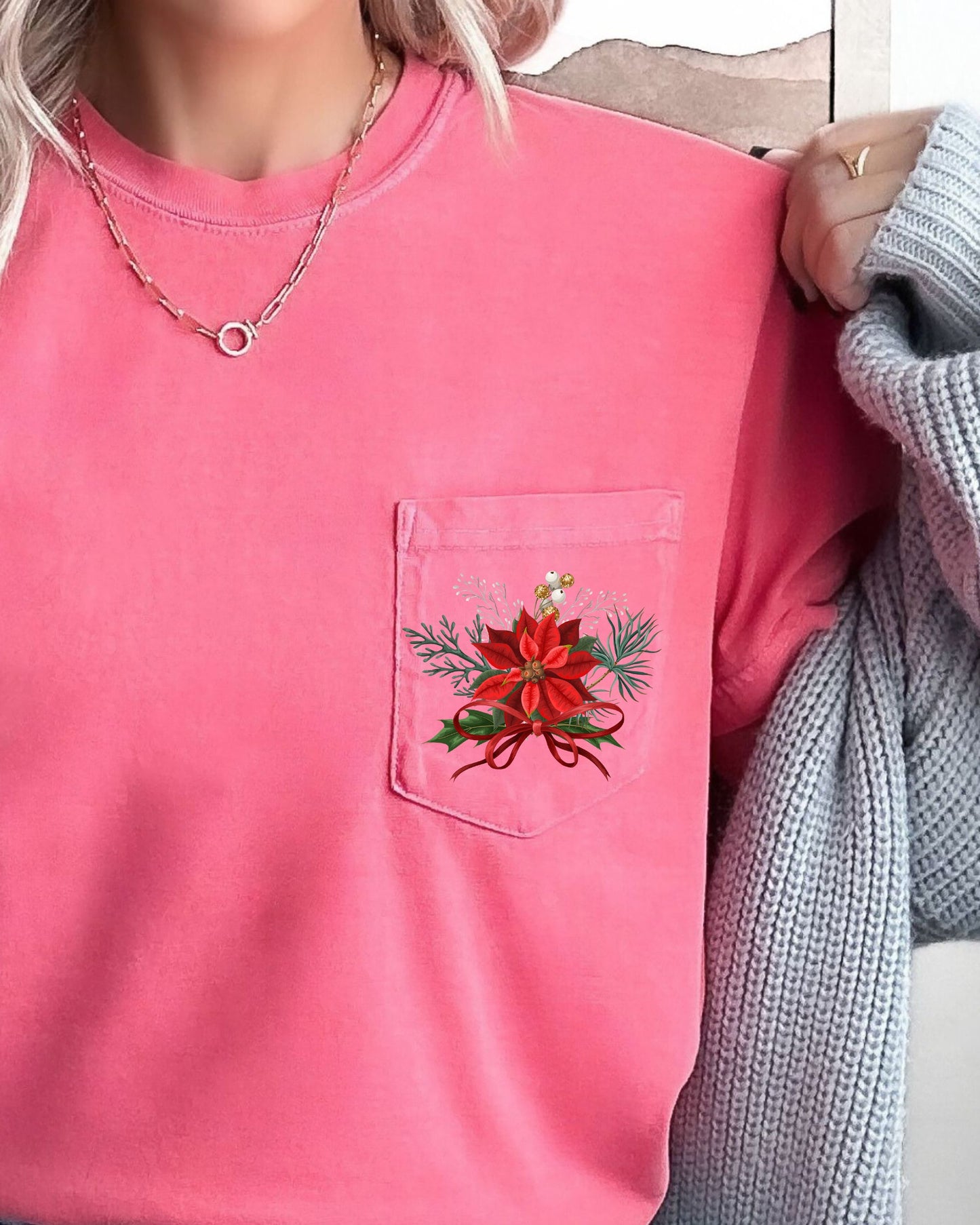 Christmas Flowers, Pocket, Ribbon, Floral, Poinsettia, Winter, Snow, Botanical, Xmas Pocket Tee Comfort Colors T-Shirt
