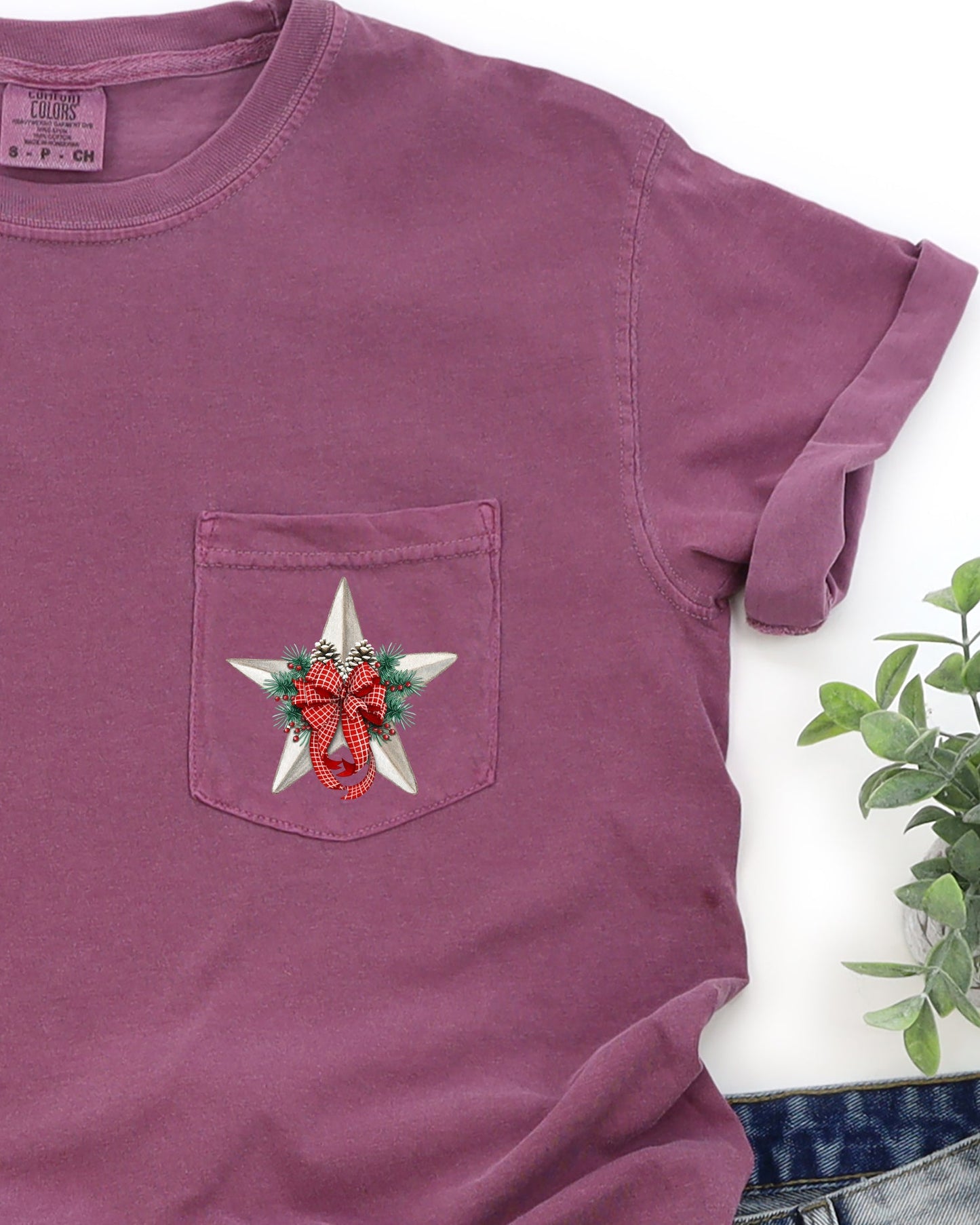 Christmas Flowers, Pocket, Star, Pine Cones, Ribbon, Floral, Poinsettia, Winter, Snow, Botanical, Xmas Pocket Tee Comfort Colors T-Shirt