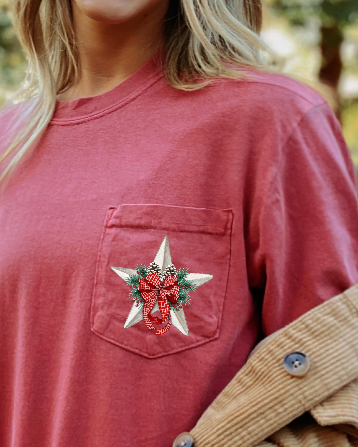 Christmas Flowers, Pocket, Star, Pine Cones, Ribbon, Floral, Poinsettia, Winter, Snow, Botanical, Xmas Pocket Tee Comfort Colors T-Shirt