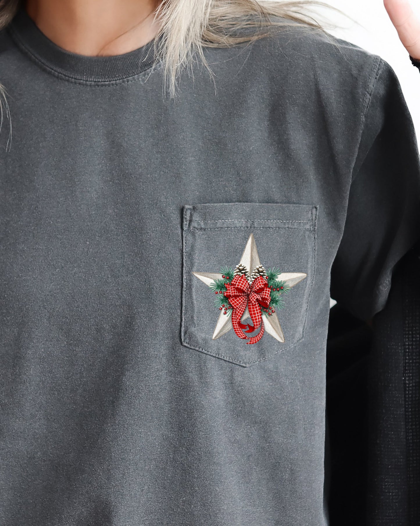 Christmas Flowers, Pocket, Star, Pine Cones, Ribbon, Floral, Poinsettia, Winter, Snow, Botanical, Xmas Pocket Tee Comfort Colors T-Shirt