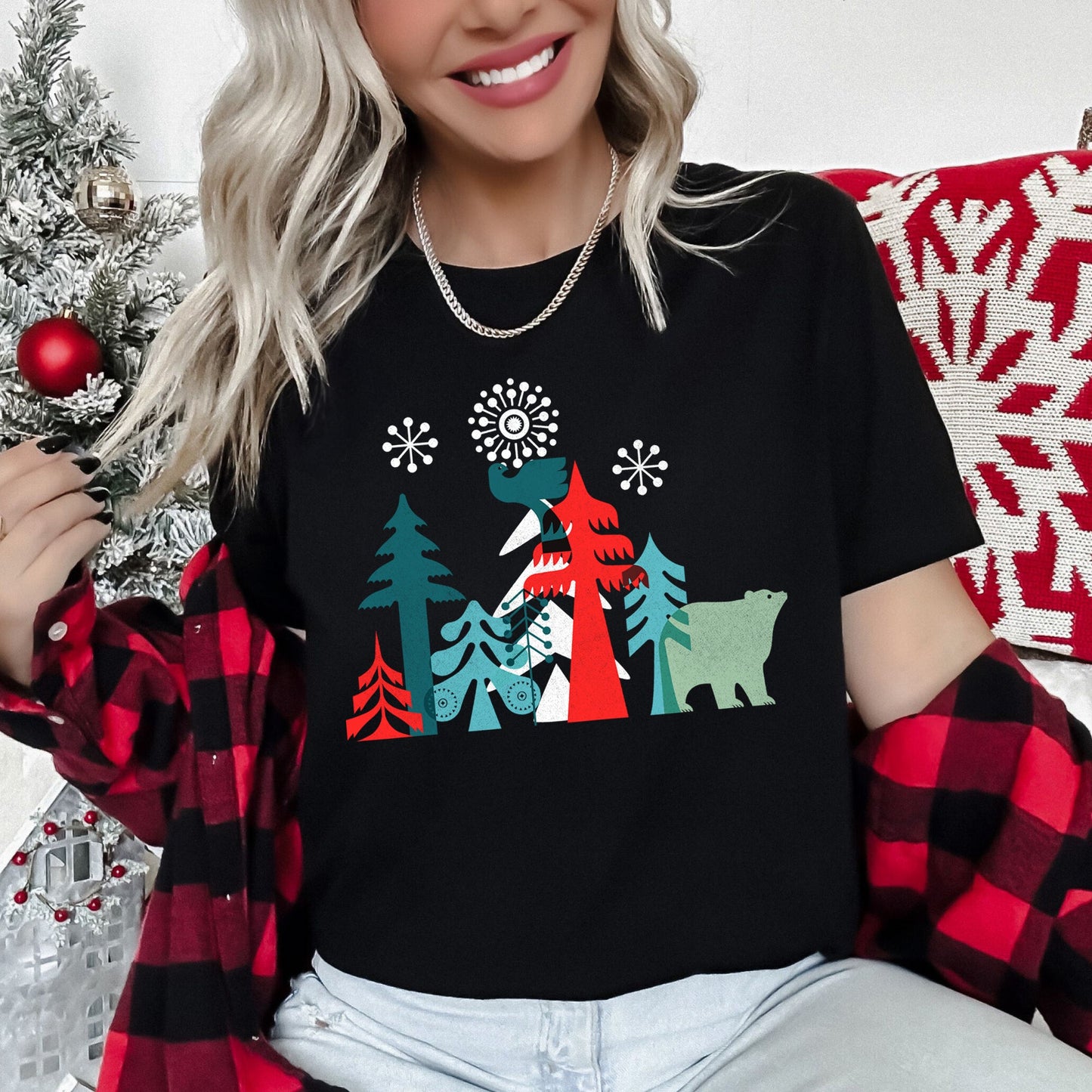 Christmas Folk Art, Polar Bear, Snowflakes, Nordic Super Soft Tees
