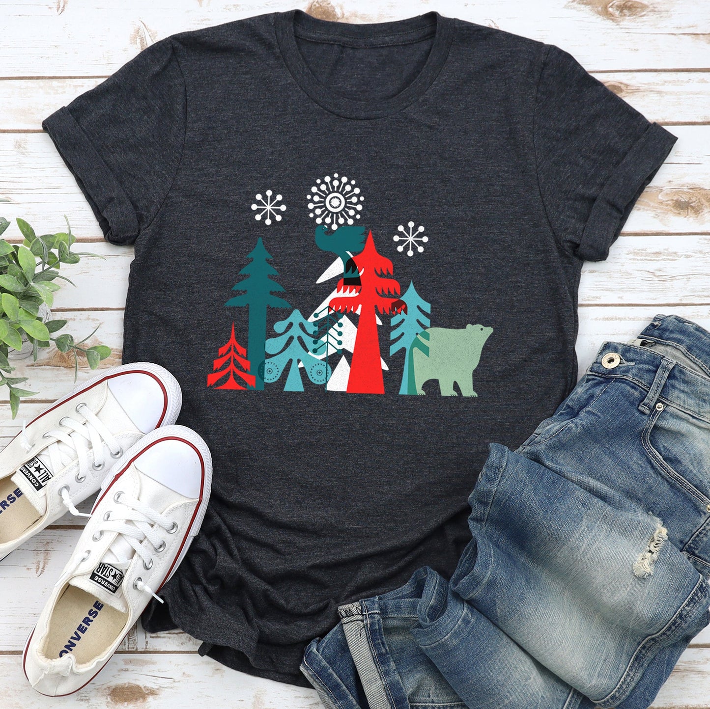 Christmas Folk Art, Polar Bear, Snowflakes, Nordic Super Soft Tees