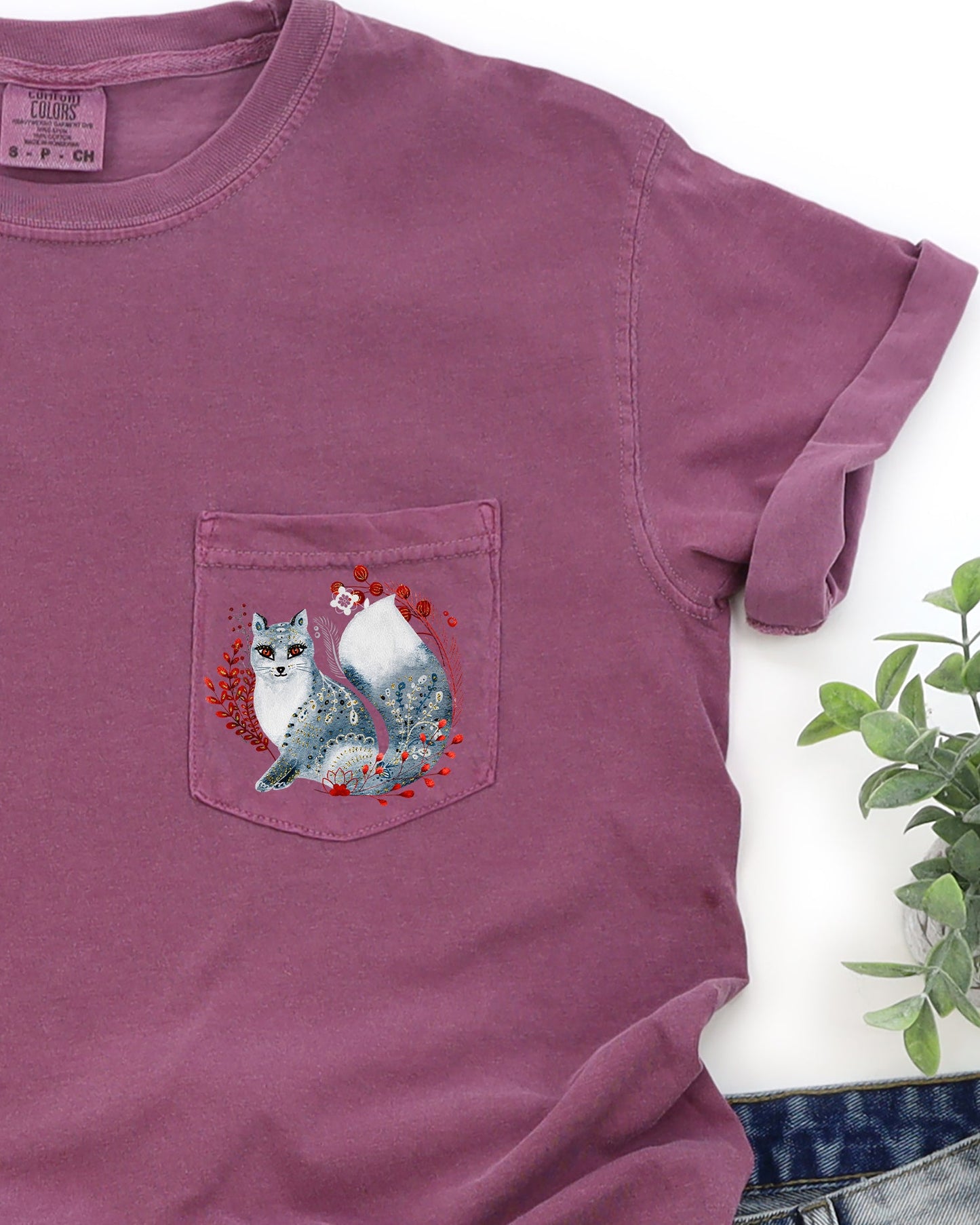 Christmas Fox, Pocket, Folk Art, Santa, Winter, Snow, Xmas, Flowers, Floral Pocket Tee Comfort Colors T-Shirt