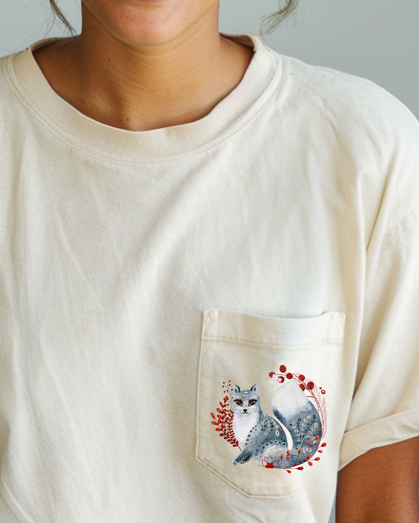 Christmas Fox, Pocket, Folk Art, Santa, Winter, Snow, Xmas, Flowers, Floral Pocket Tee Comfort Colors T-Shirt