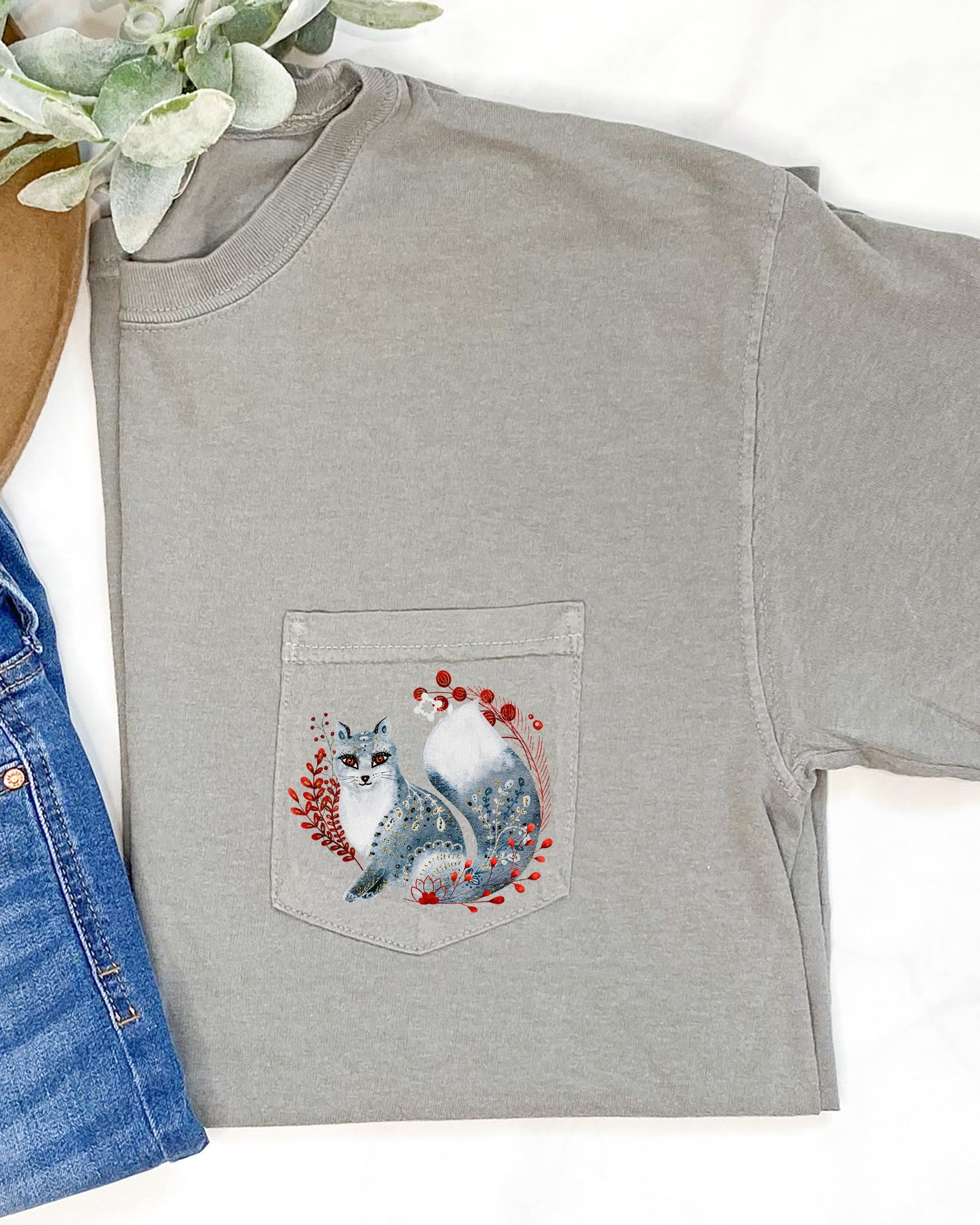 Christmas Fox, Pocket, Folk Art, Santa, Winter, Snow, Xmas, Flowers, Floral Pocket Tee Comfort Colors T-Shirt