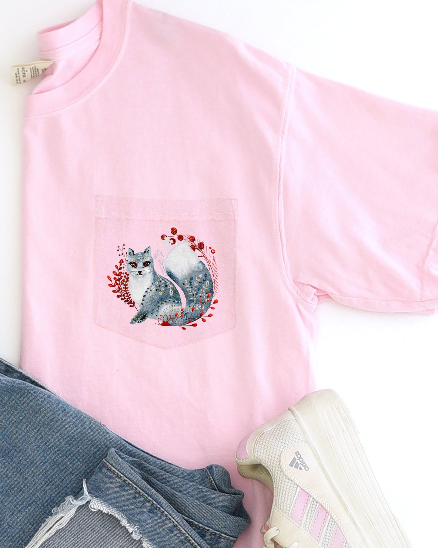 Christmas Fox, Pocket, Folk Art, Santa, Winter, Snow, Xmas, Flowers, Floral Pocket Tee Comfort Colors T-Shirt