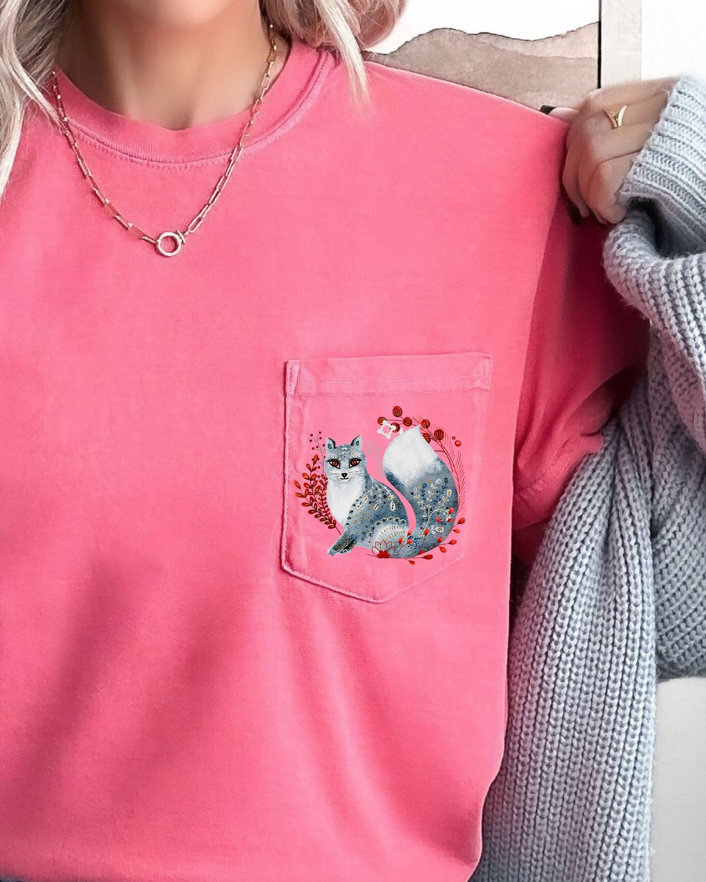 Christmas Fox, Pocket, Folk Art, Santa, Winter, Snow, Xmas, Flowers, Floral Pocket Tee Comfort Colors T-Shirt