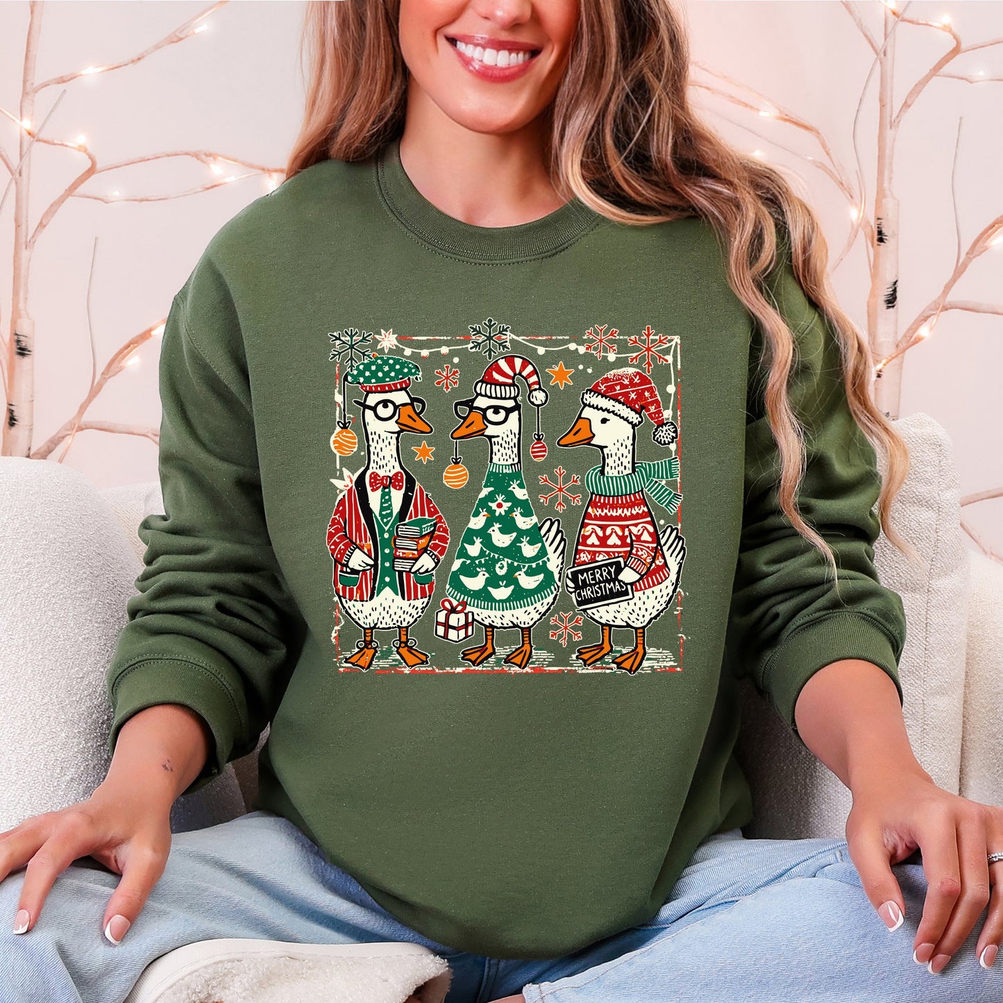 Christmas Geese, Funny, Adorable, Cute, Retro Sweatshirt