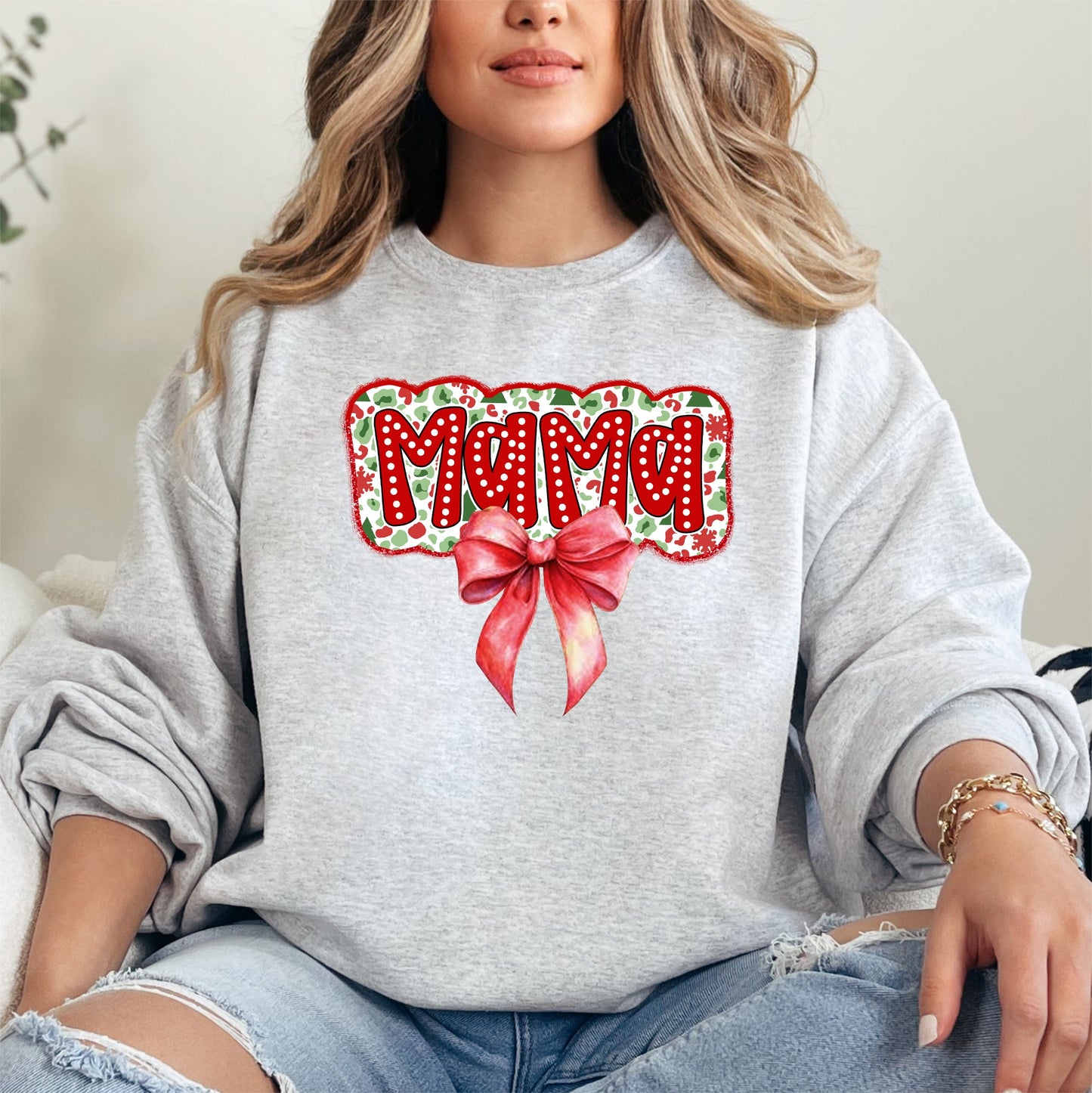 Christmas Mama, Ribbon, Bows, Classic, Retro, Santa Sweatshirt