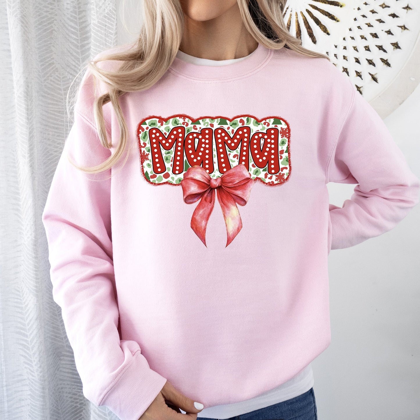 Christmas Mama, Ribbon, Bows, Classic, Retro, Santa Sweatshirt