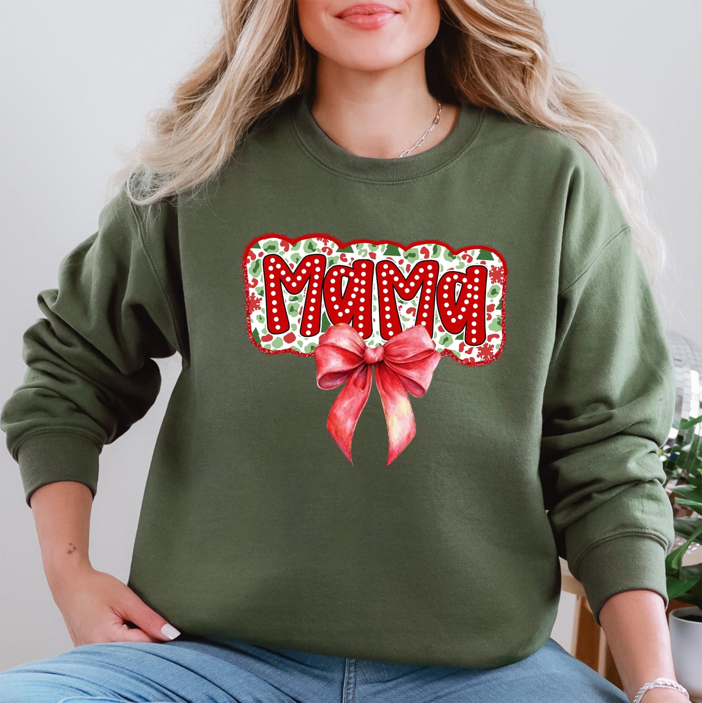 Christmas Mama, Ribbon, Bows, Classic, Retro, Santa Sweatshirt