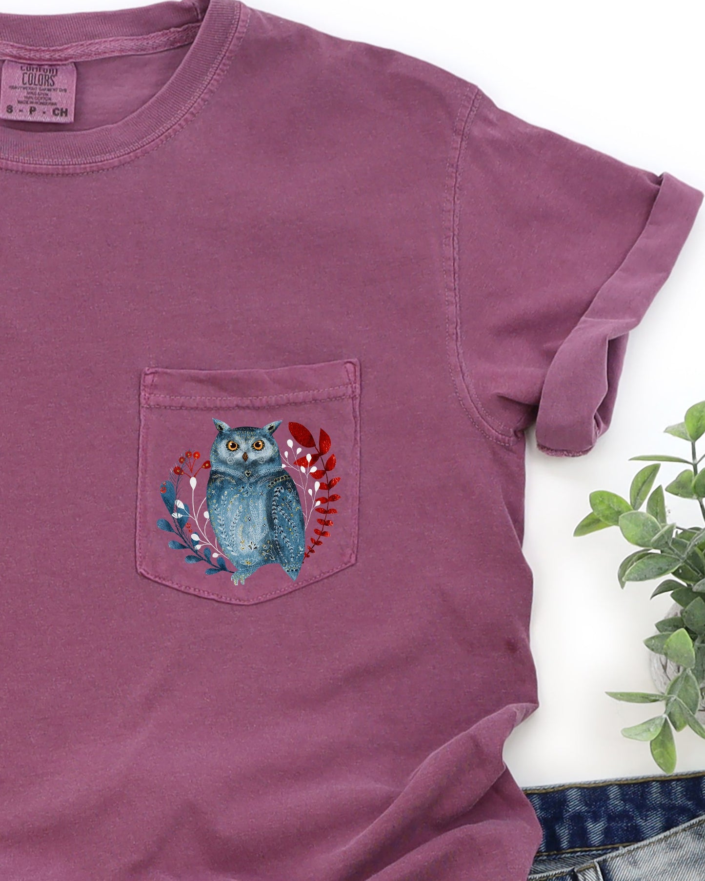 Christmas Owl, Pocket, Folk Art, Santa, Winter, Snow, Xmas, Flowers, Floral Pocket Tee Comfort Colors T-Shirt