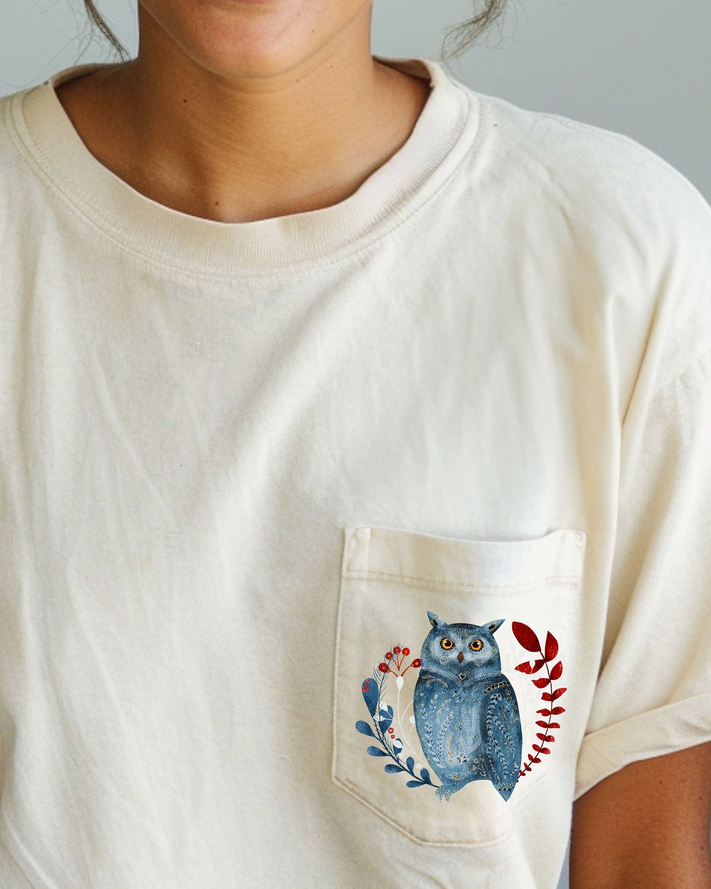 Christmas Owl, Pocket, Folk Art, Santa, Winter, Snow, Xmas, Flowers, Floral Pocket Tee Comfort Colors T-Shirt