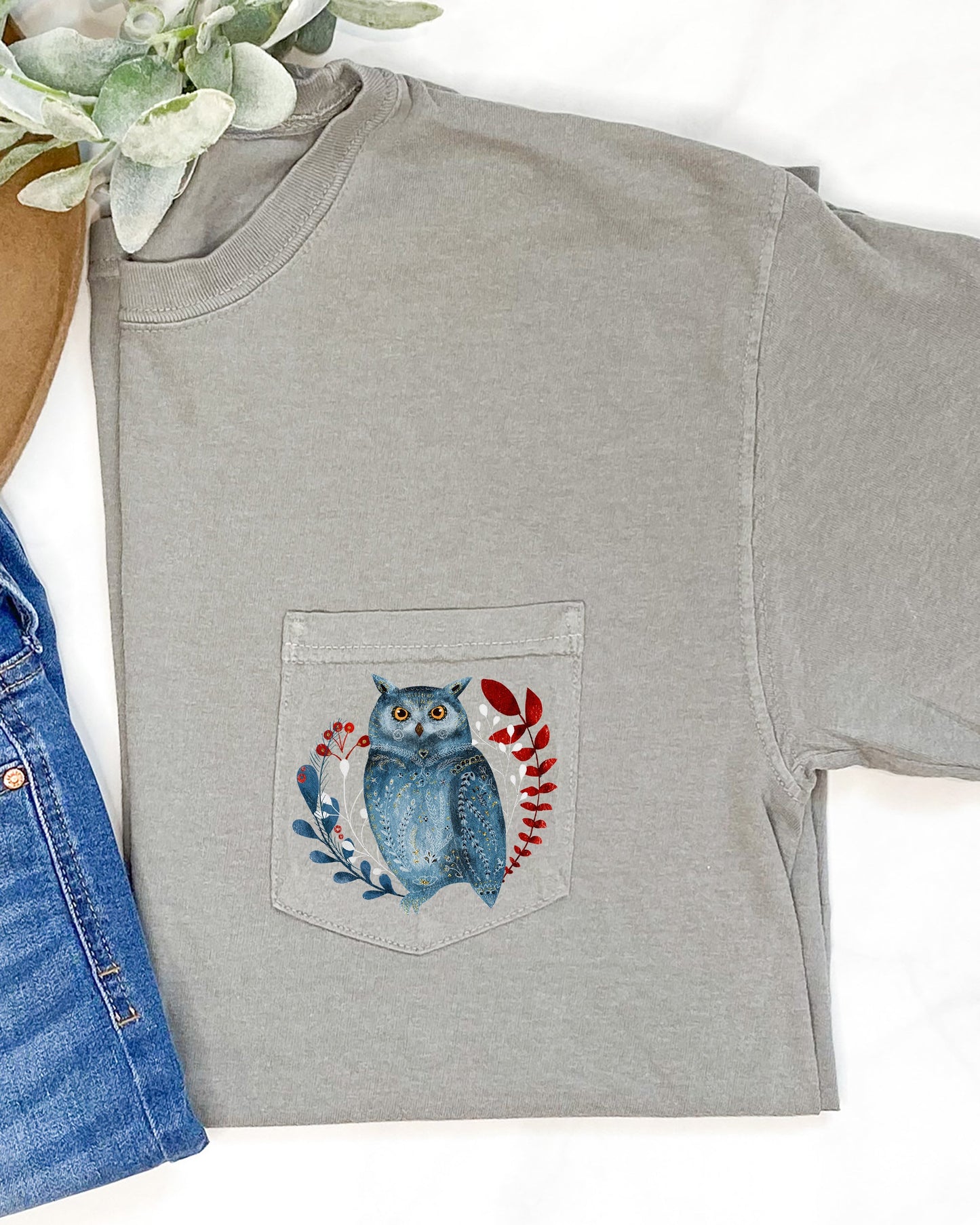 Christmas Owl, Pocket, Folk Art, Santa, Winter, Snow, Xmas, Flowers, Floral Pocket Tee Comfort Colors T-Shirt