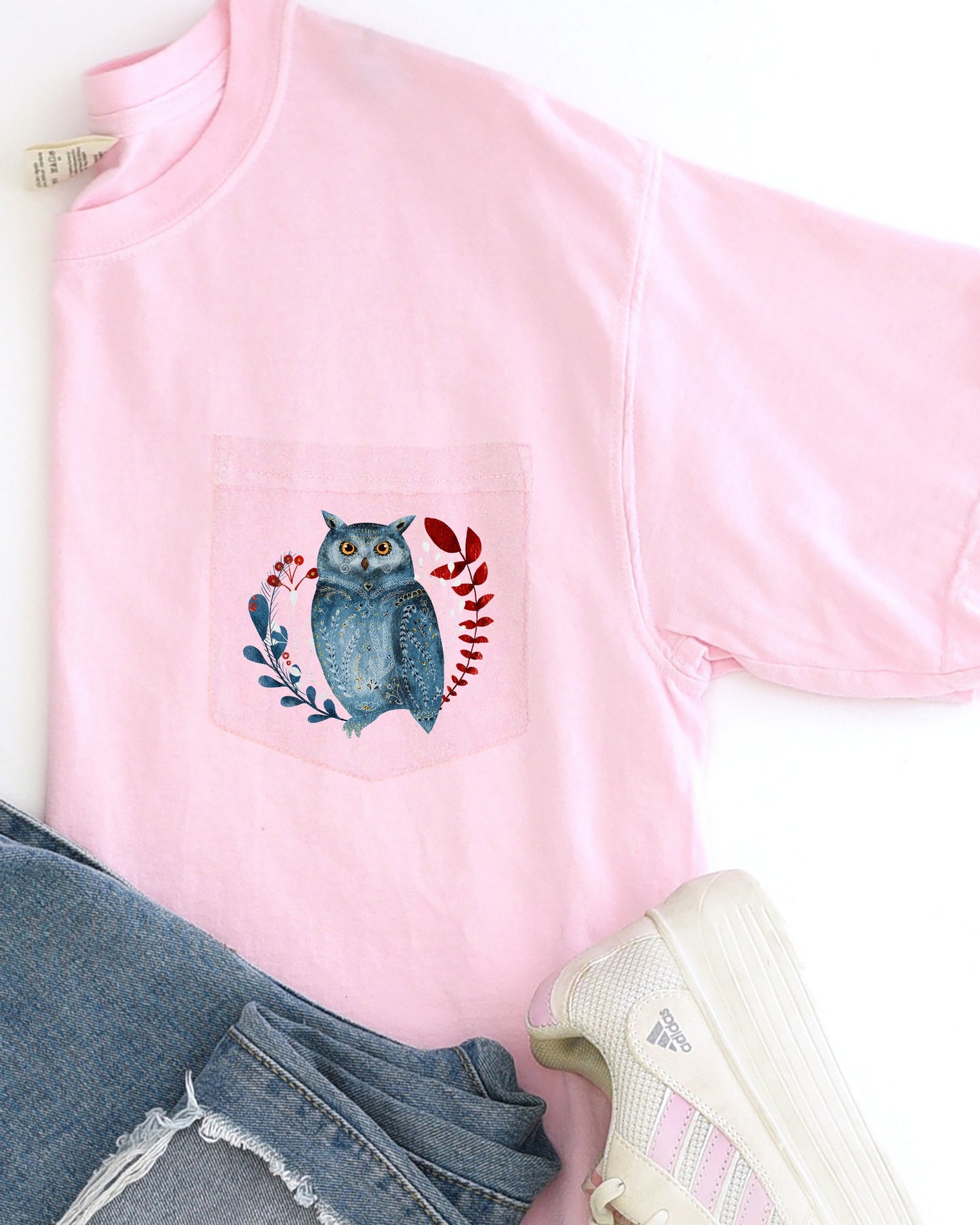 Christmas Owl, Pocket, Folk Art, Santa, Winter, Snow, Xmas, Flowers, Floral Pocket Tee Comfort Colors T-Shirt