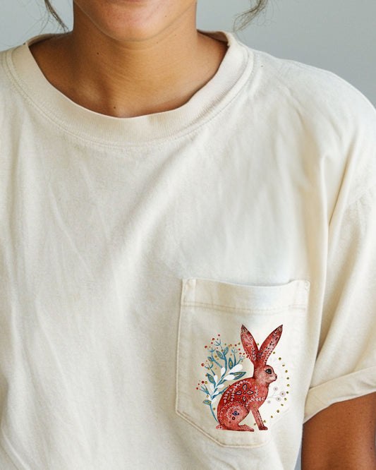 Christmas Rabbit, Pocket, Folk Art, Santa, Winter, Snow, Xmas, Flowers, Floral Pocket Tee Comfort Colors T-Shirt