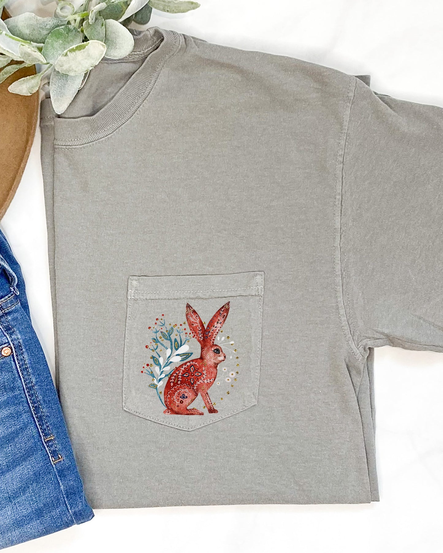 Christmas Rabbit, Pocket, Folk Art, Santa, Winter, Snow, Xmas, Flowers, Floral Pocket Tee Comfort Colors T-Shirt