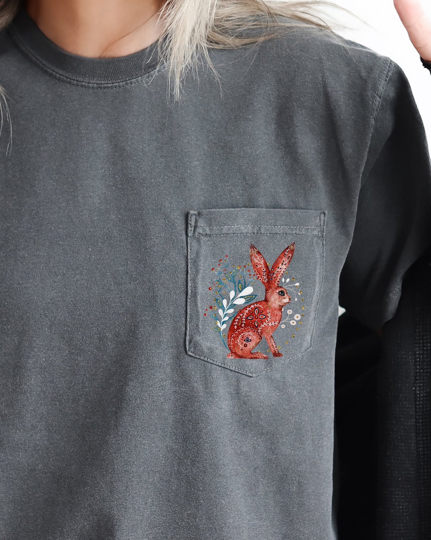 Christmas Rabbit, Pocket, Folk Art, Santa, Winter, Snow, Xmas, Flowers, Floral Pocket Tee Comfort Colors T-Shirt