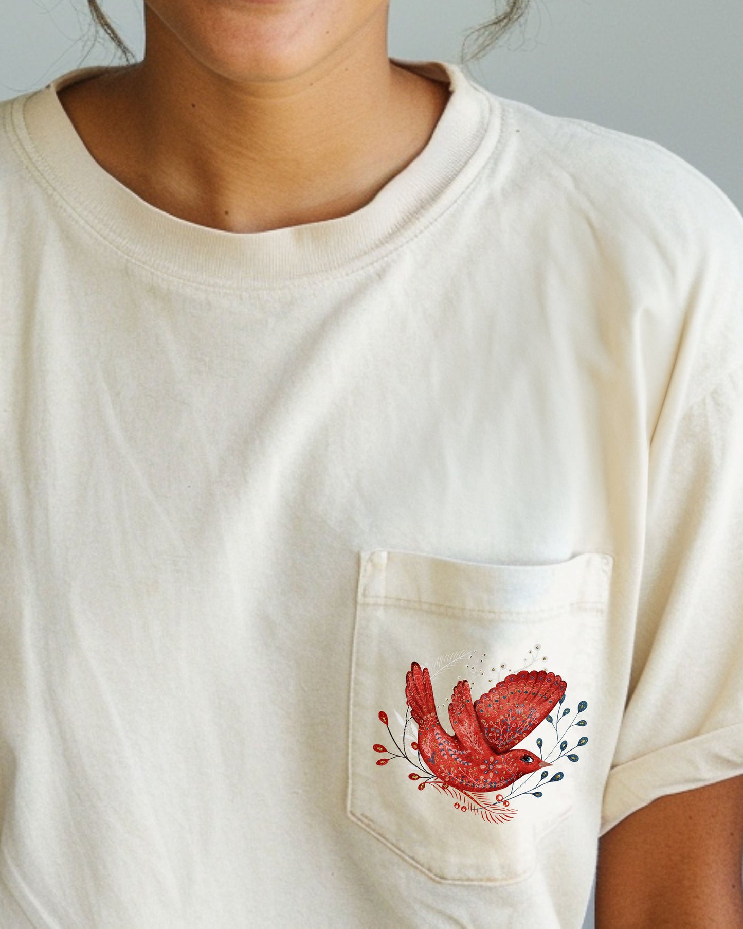 Christmas Red Bird, Pocket, Folk Art, Santa, Winter, Snow, Xmas, Flowers, Floral Pocket Tee Comfort Colors T-Shirt
