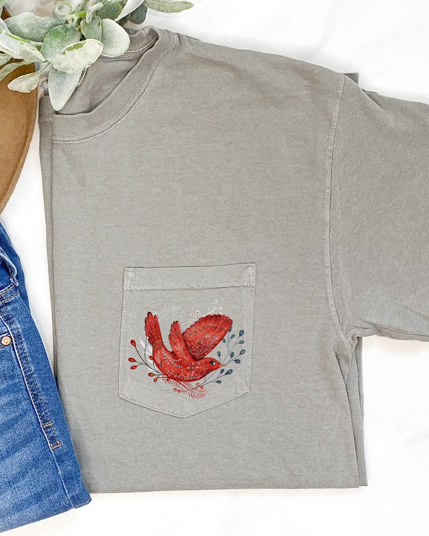 Christmas Red Bird, Pocket, Folk Art, Santa, Winter, Snow, Xmas, Flowers, Floral Pocket Tee Comfort Colors T-Shirt