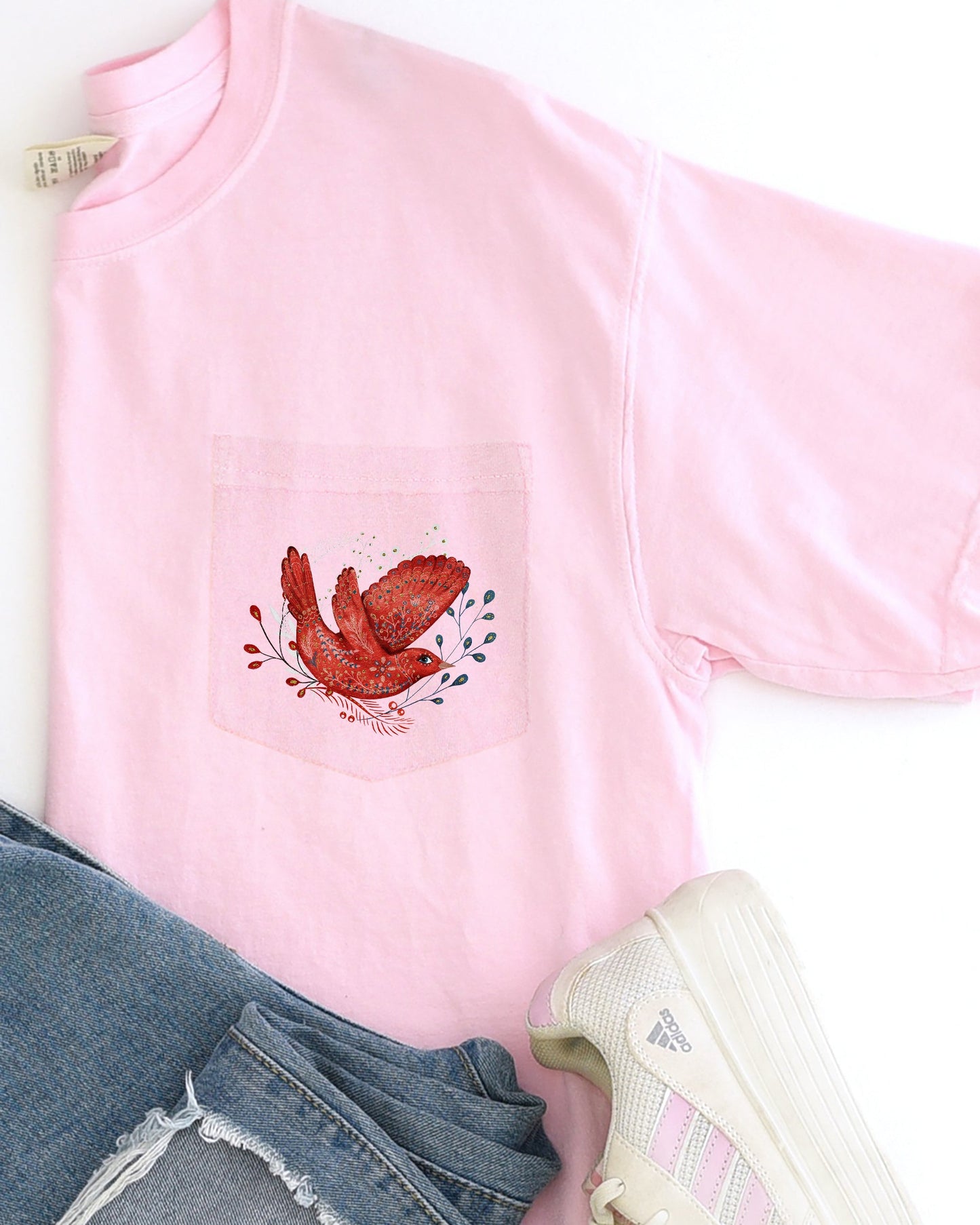 Christmas Red Bird, Pocket, Folk Art, Santa, Winter, Snow, Xmas, Flowers, Floral Pocket Tee Comfort Colors T-Shirt