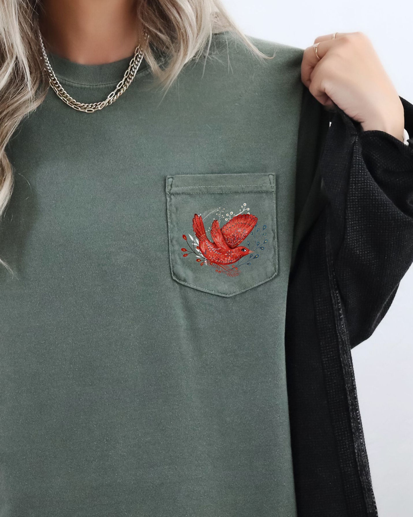 Christmas Red Bird, Pocket, Folk Art, Santa, Winter, Snow, Xmas, Flowers, Floral Pocket Tee Comfort Colors T-Shirt