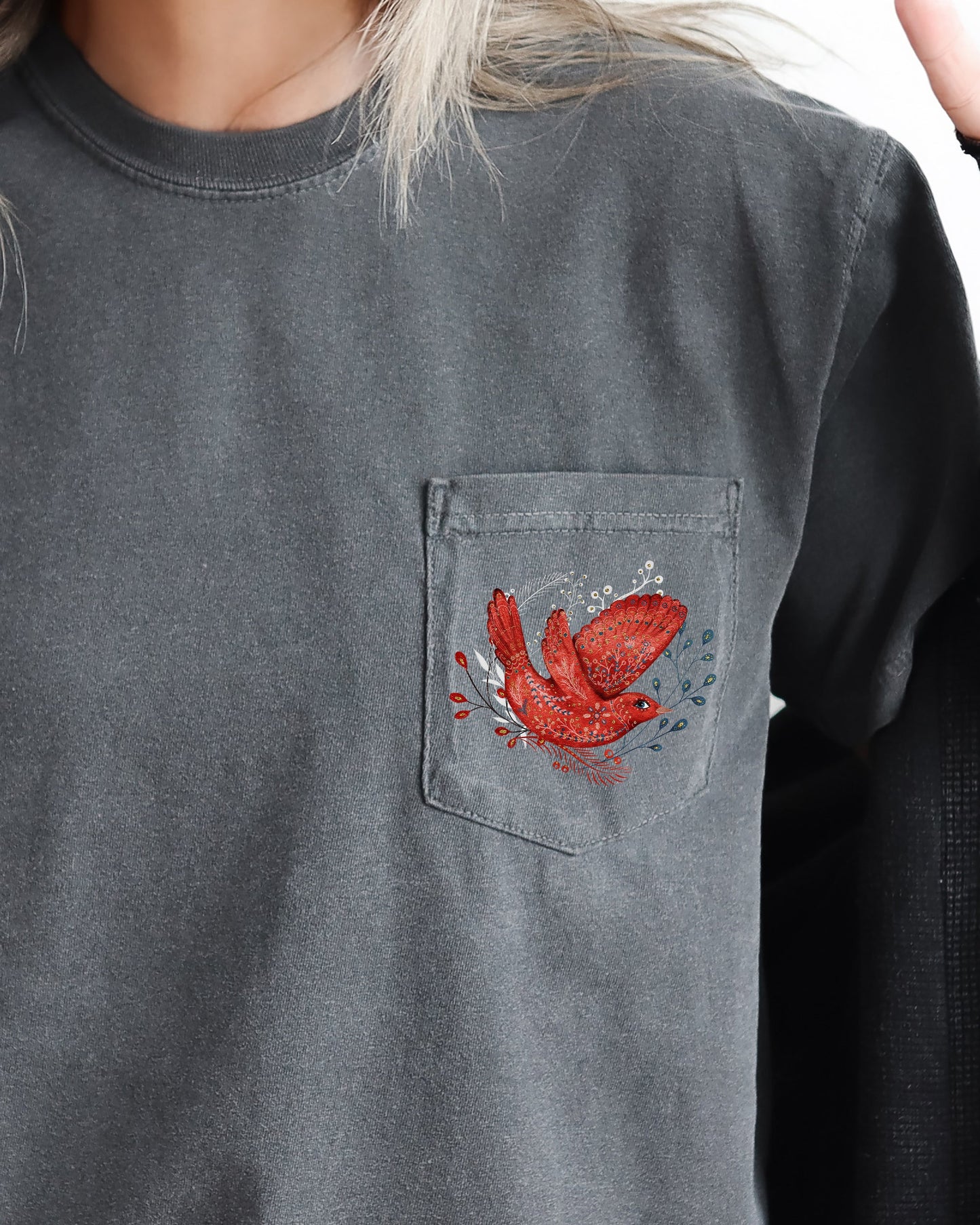 Christmas Red Bird, Pocket, Folk Art, Santa, Winter, Snow, Xmas, Flowers, Floral Pocket Tee Comfort Colors T-Shirt