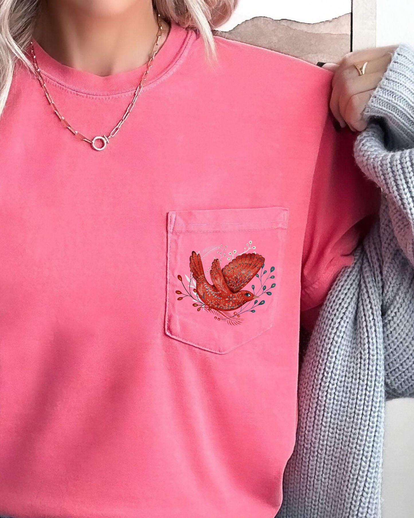 Christmas Red Bird, Pocket, Folk Art, Santa, Winter, Snow, Xmas, Flowers, Floral Pocket Tee Comfort Colors T-Shirt