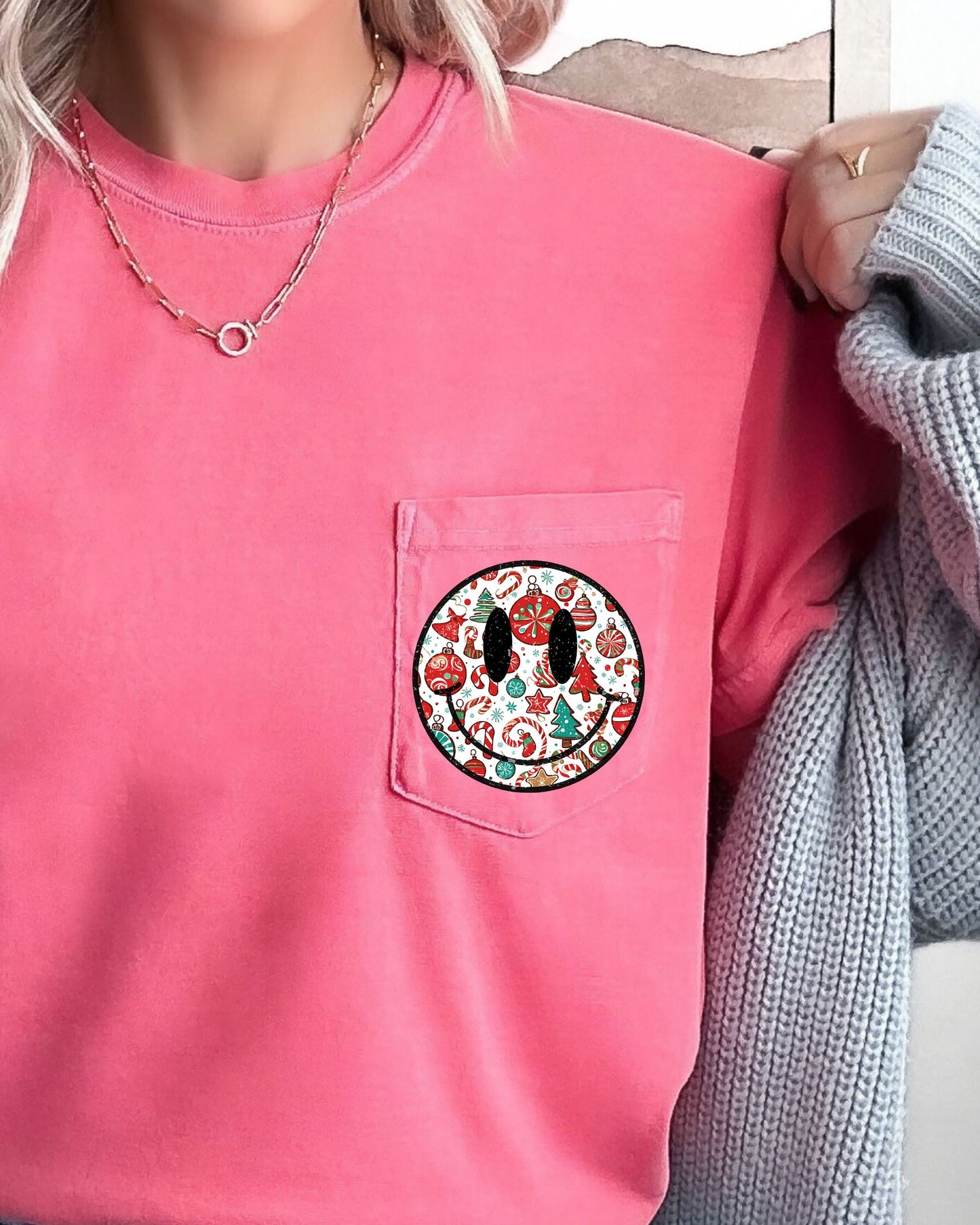 Christmas Retro Smiley, Pocket, Winter, Snow, Santa, Xmas Pocket Tee Comfort Colors T-Shirt